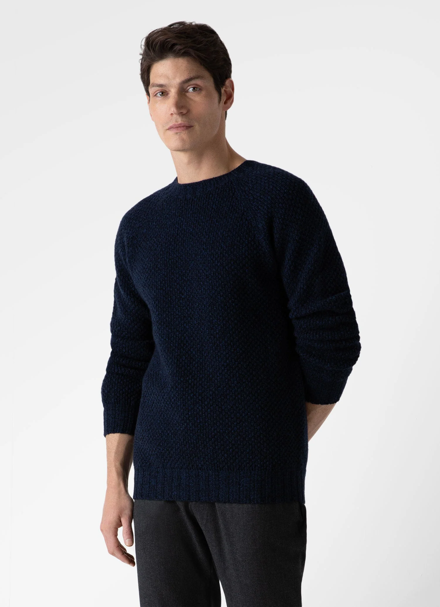 Men's Lambswool Textured Jumper in Bright Navy Twist - Image 2