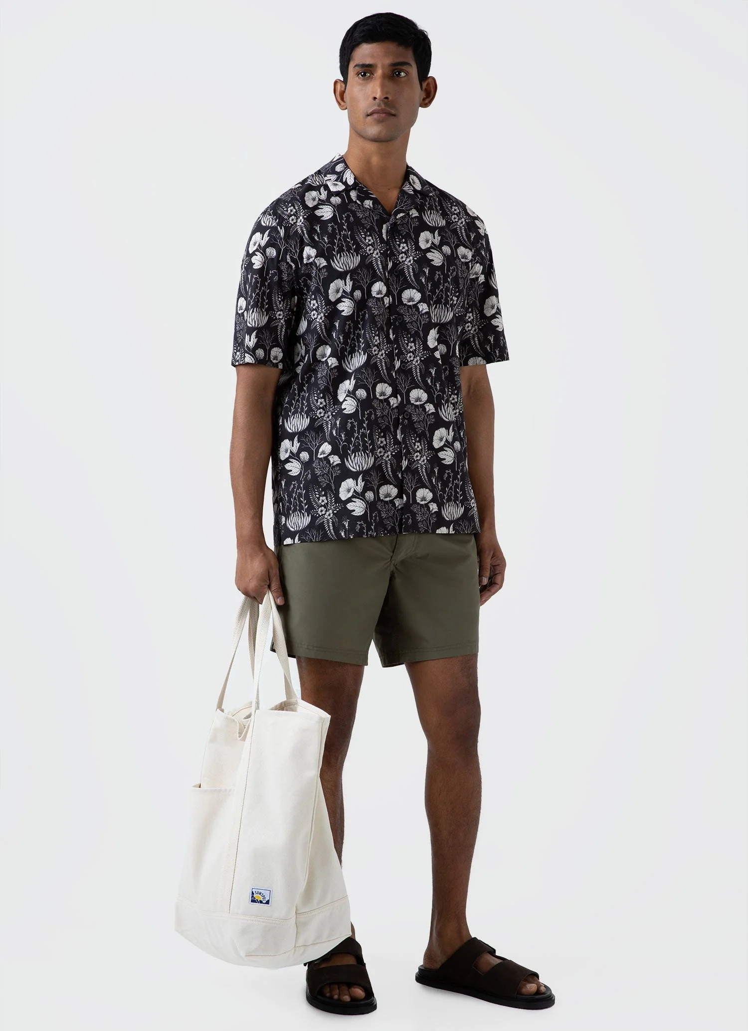 Men's Leaf Print Camp Collar Shirt in Black - Image 3