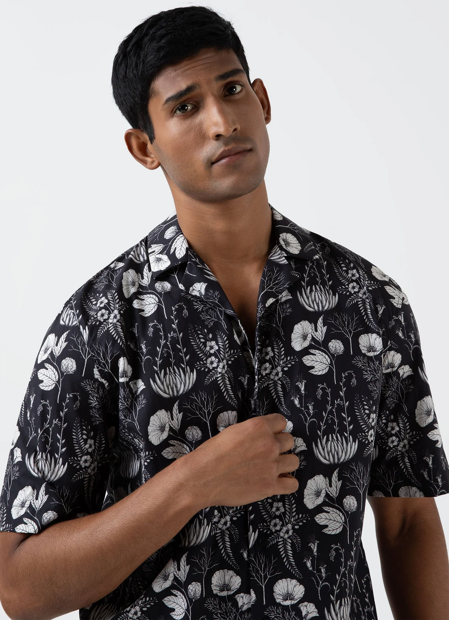 Men's Leaf Print Camp Collar Shirt in Black - Image 6