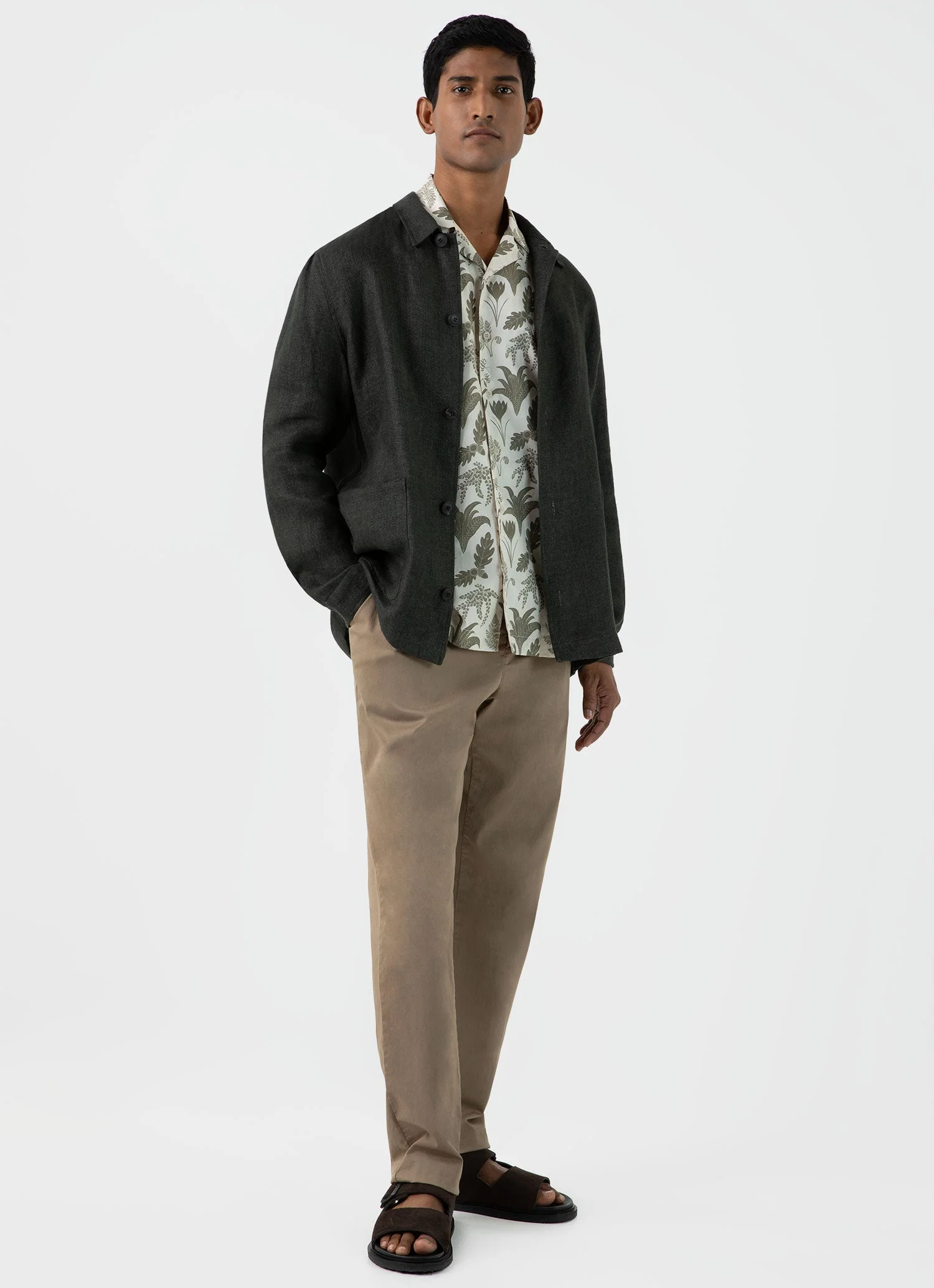 Men's Leaf Print Camp Collar Shirt in Ecru - Image 3