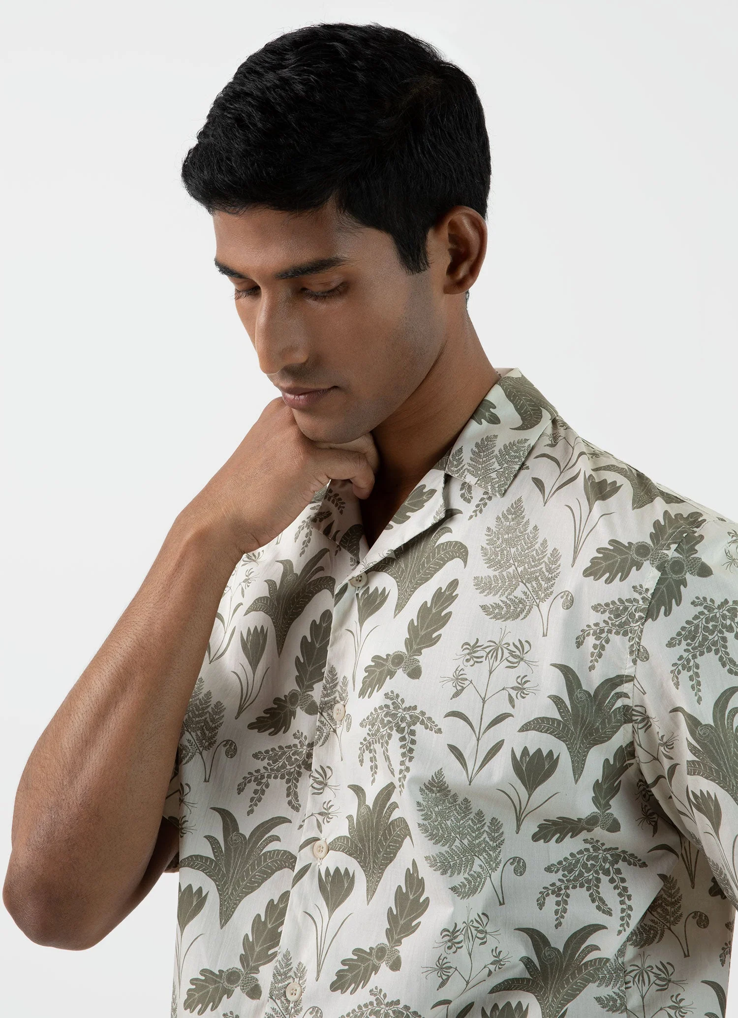 Men's Leaf Print Camp Collar Shirt in Ecru - Image 6
