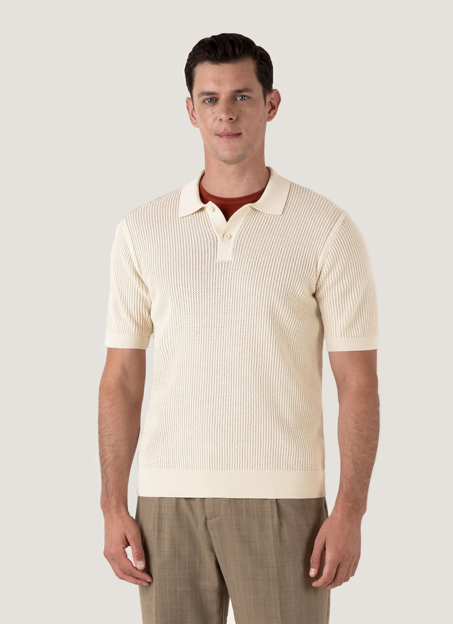 Men's Linear Mesh Knit Polo Shirt in Ecru - Image 2