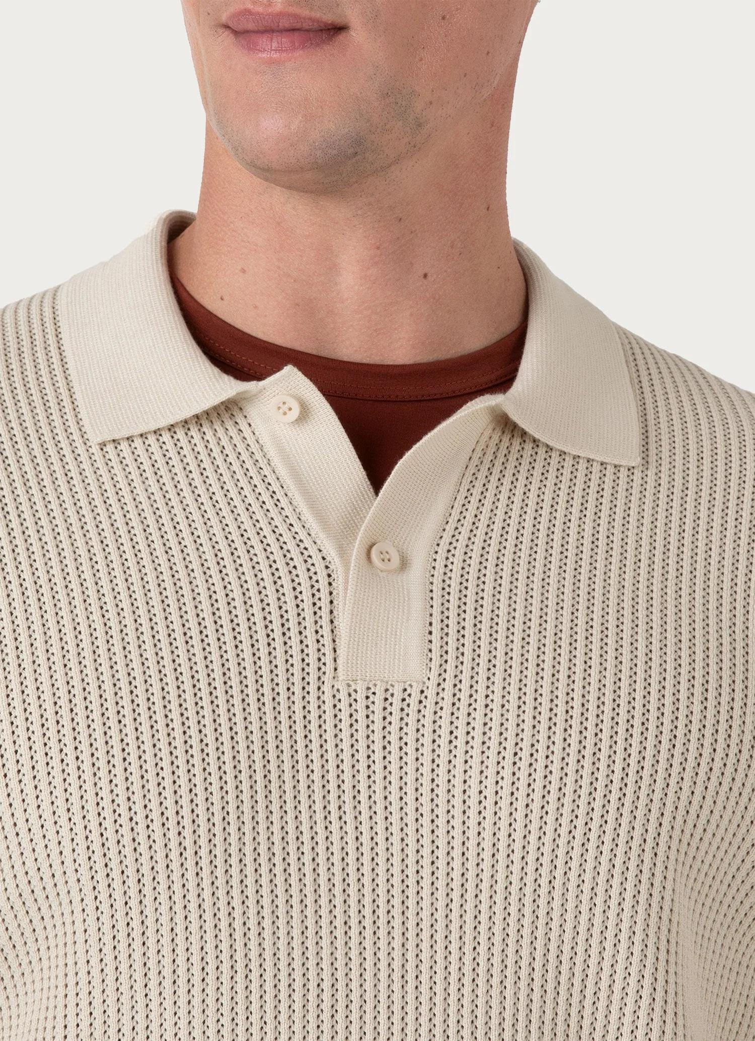 Men's Linear Mesh Knit Polo Shirt in Ecru - Image 6