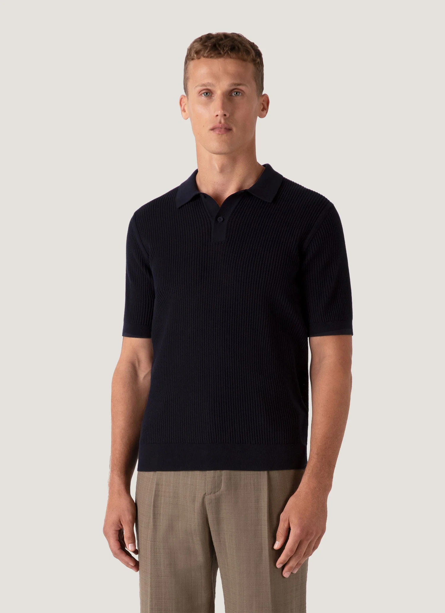 Men's Linear Mesh Knit Polo Shirt in Navy - Image 2