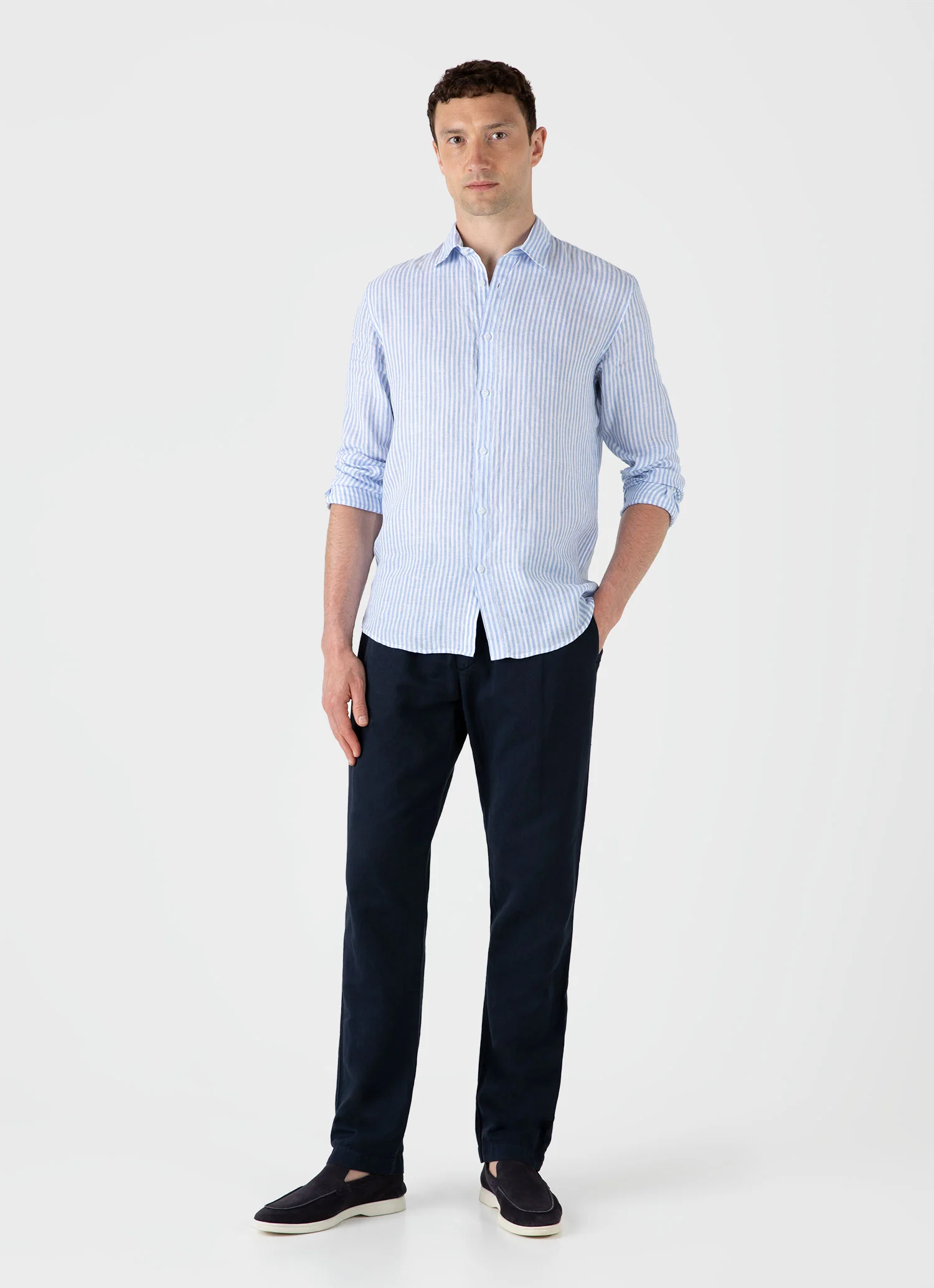 Men's Linen Shirt in Mid Blue/White - Image 3