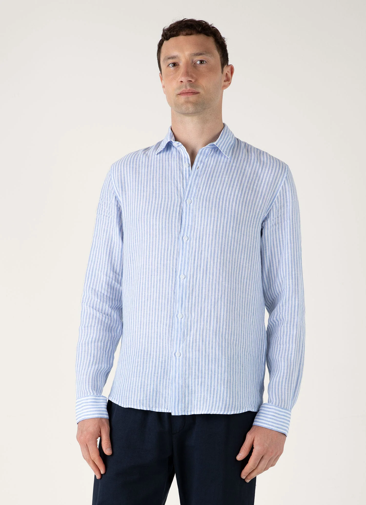 Men's Linen Shirt in Mid Blue/White - Image 2