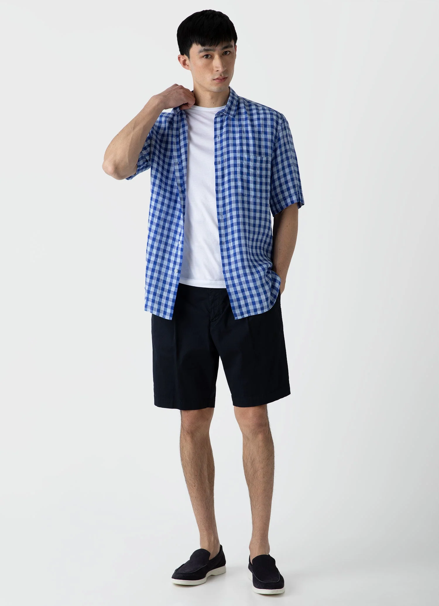 Men's Short Sleeve Linen Shirt in Blue Gingham - Image 3