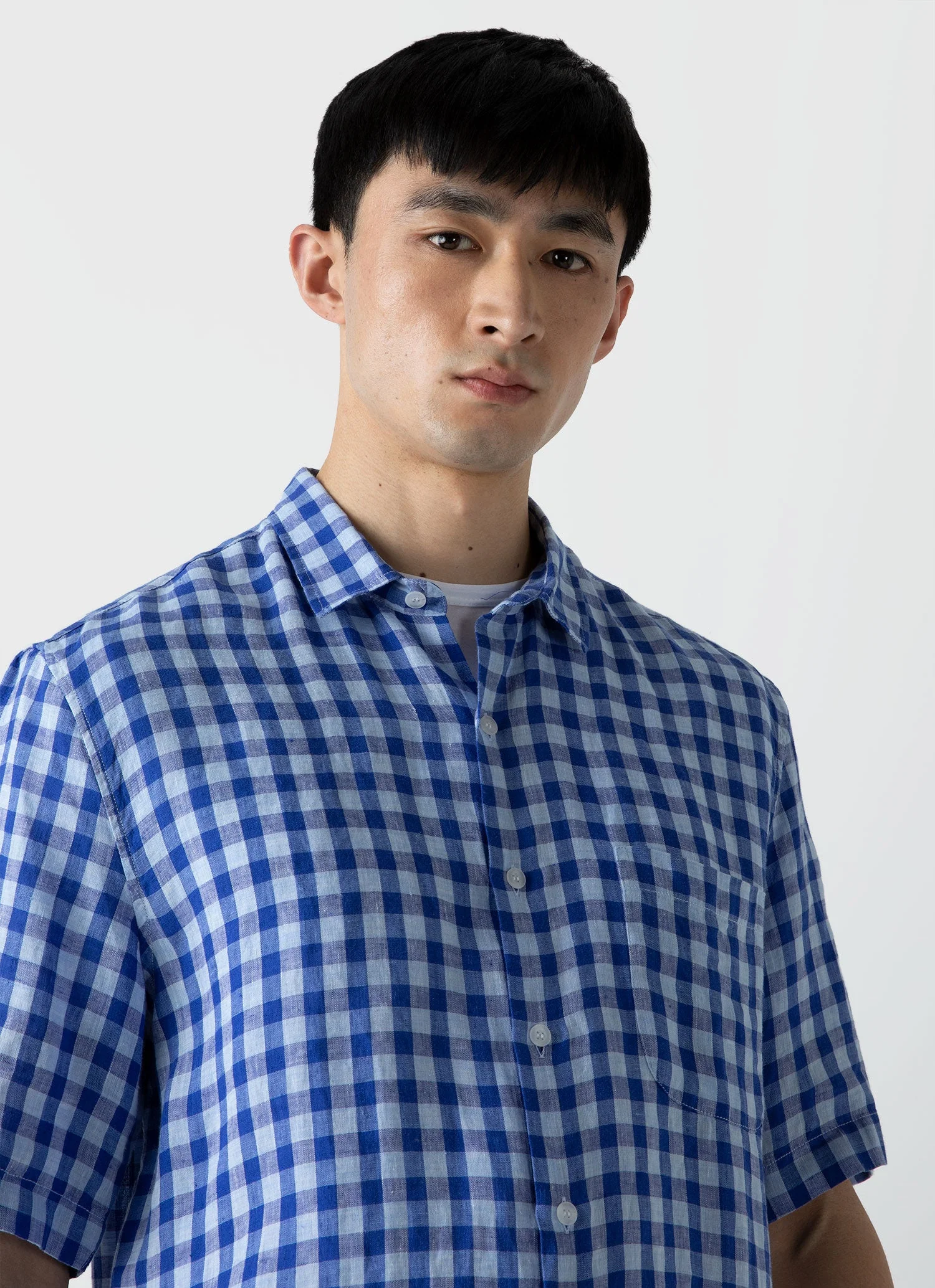 Men's Short Sleeve Linen Shirt in Blue Gingham - Image 5