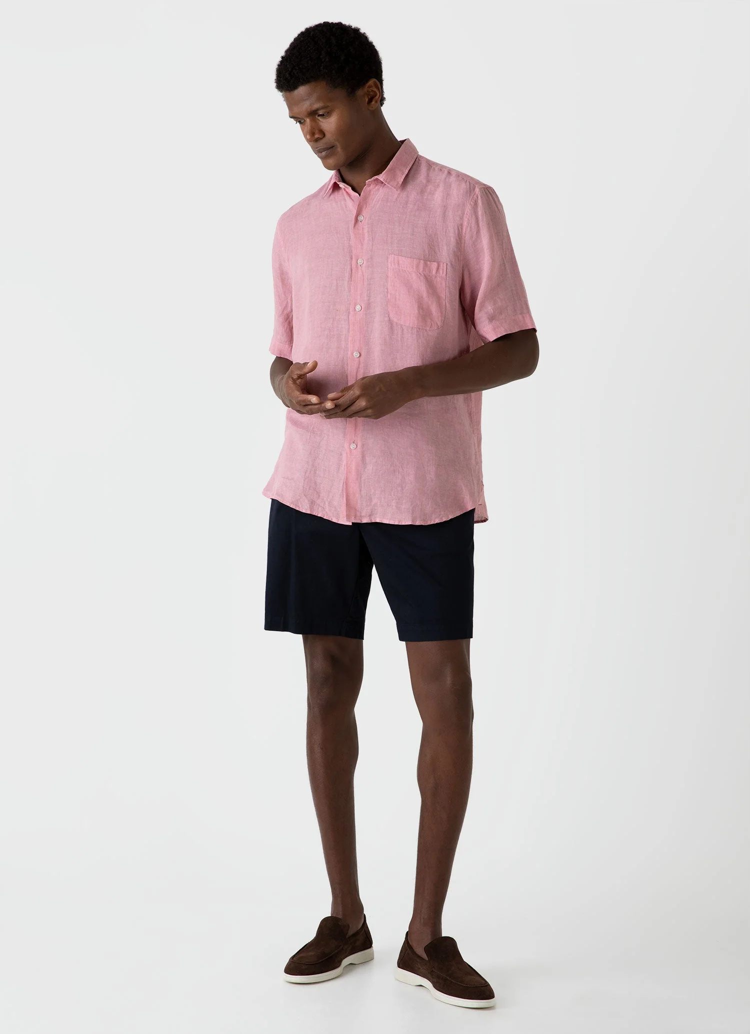 Men's Short Sleeve Linen Shirt in Shell Pink - Image 3