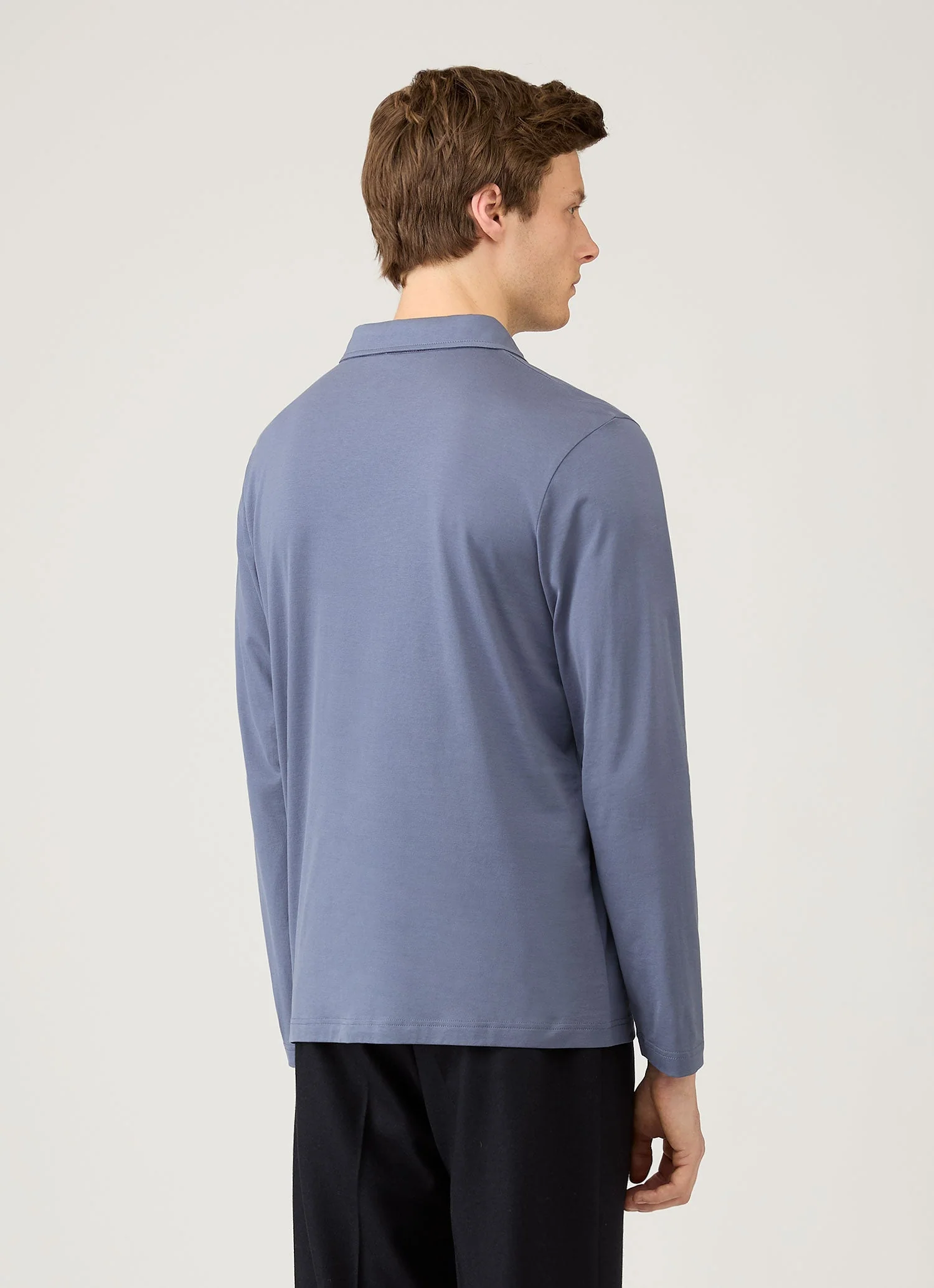 Men's Long Sleeve Classic Jersey Polo Shirt in Selvedge Blue - Image 5