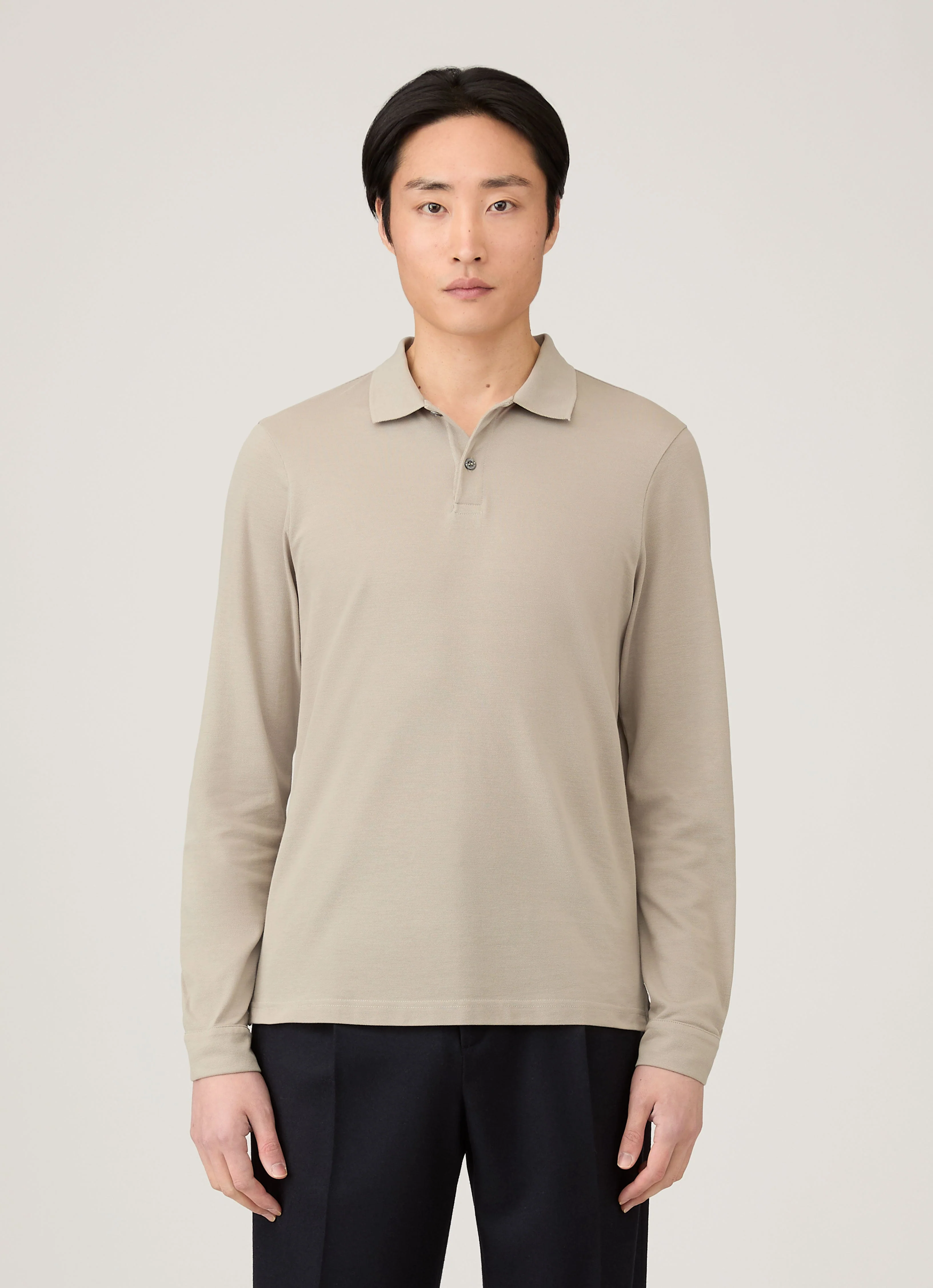 Men's Long Sleeve Piqué Polo Shirt in Fog - Image 2