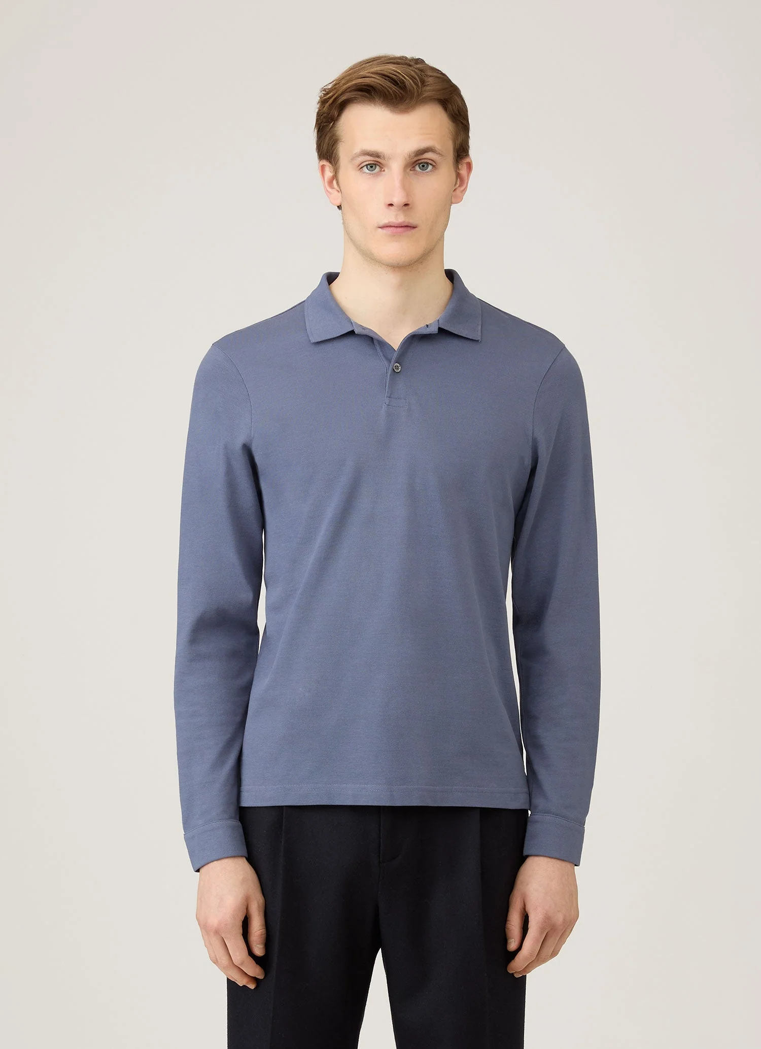 Men's Long Sleeve Piqué Polo Shirt in Selvedge Blue - Image 2