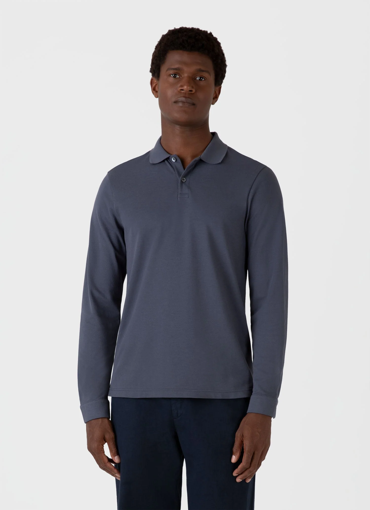 Men's Long Sleeve Piqué Polo Shirt in Slate Blue - Image 2
