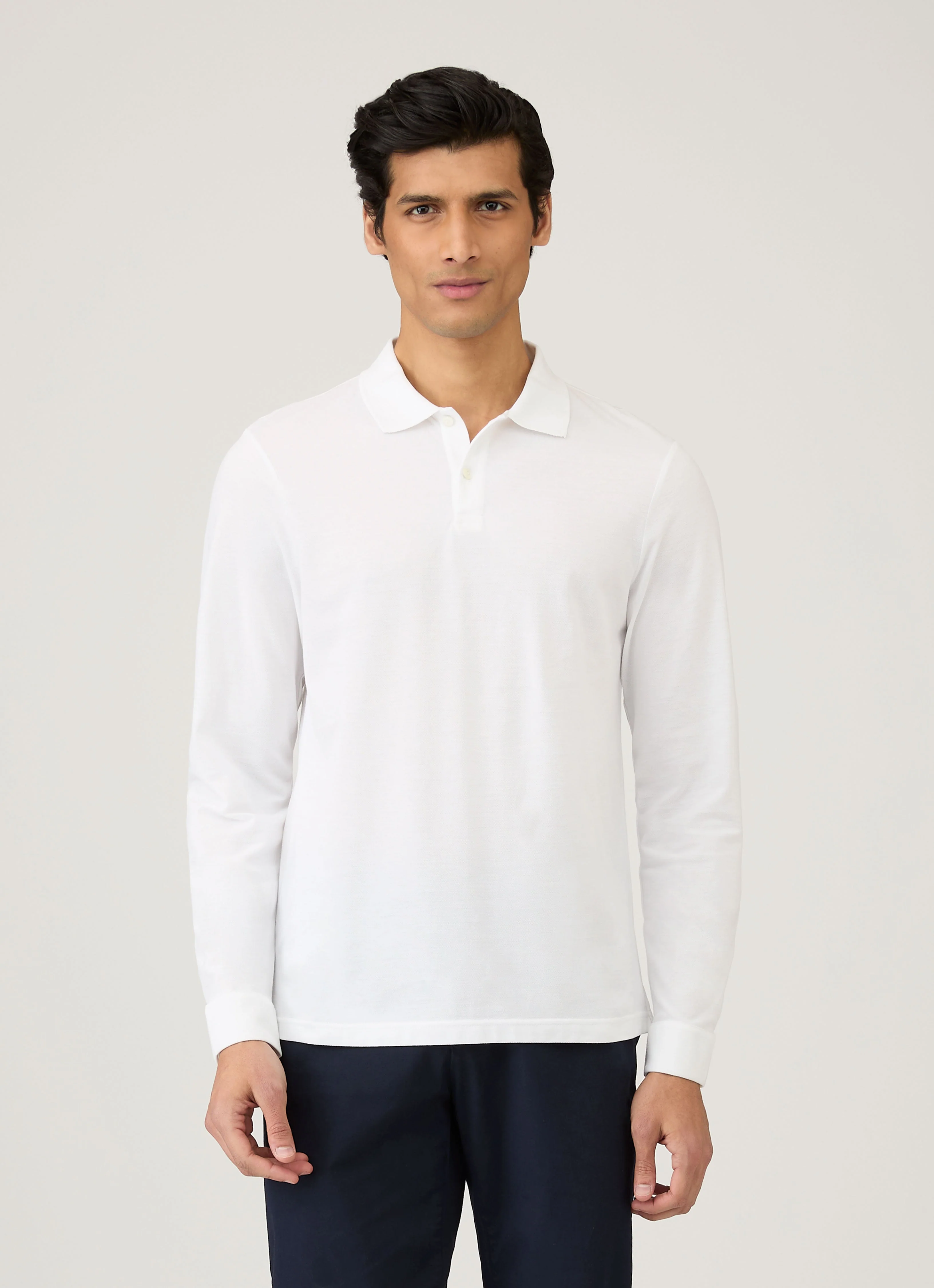 Men's Long Sleeve Piqué Polo Shirt in White - Image 2