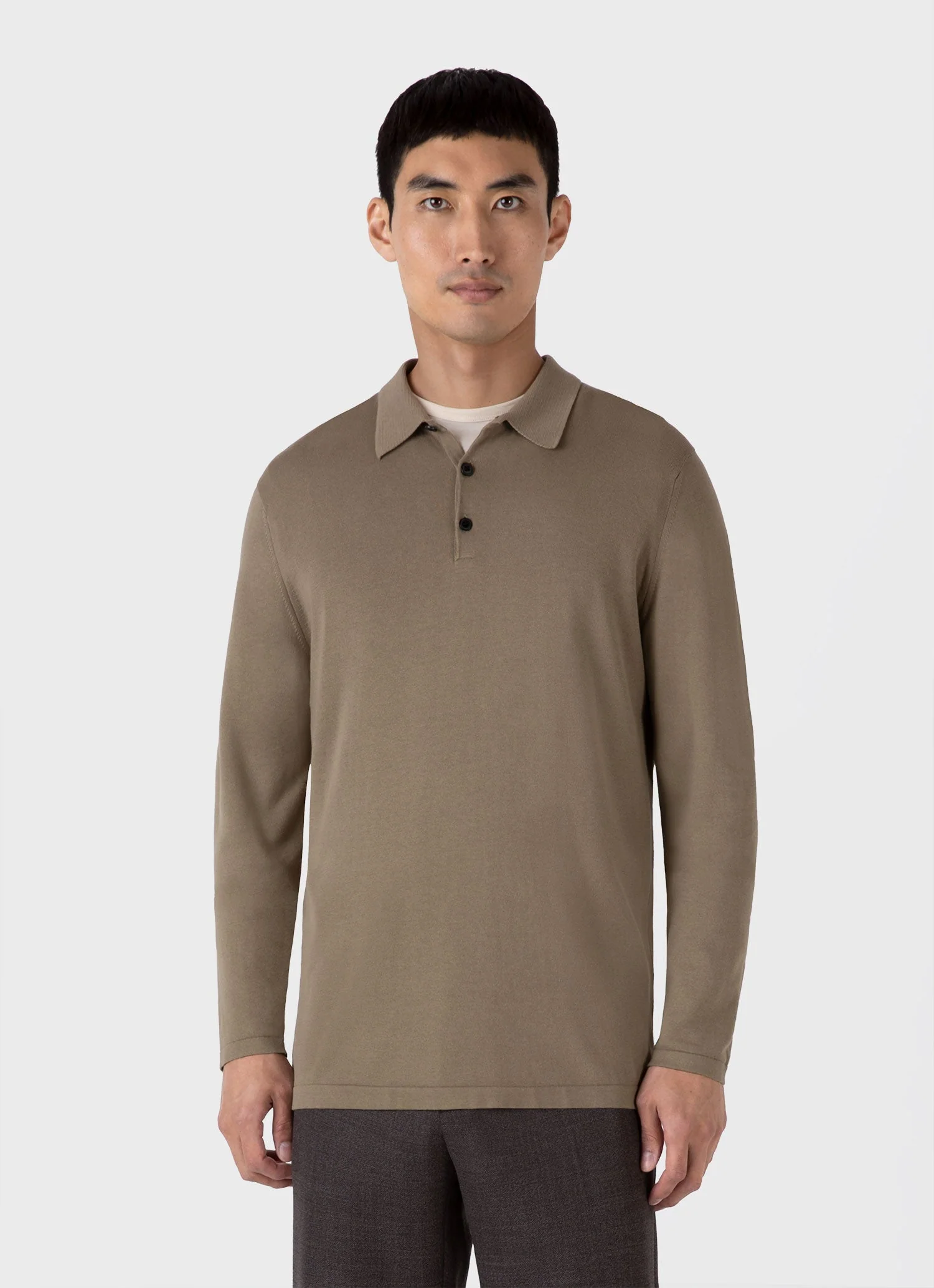 Men's Long Sleeve Sea Island Cotton Knit Polo Shirt in Dark Stone - Image 2