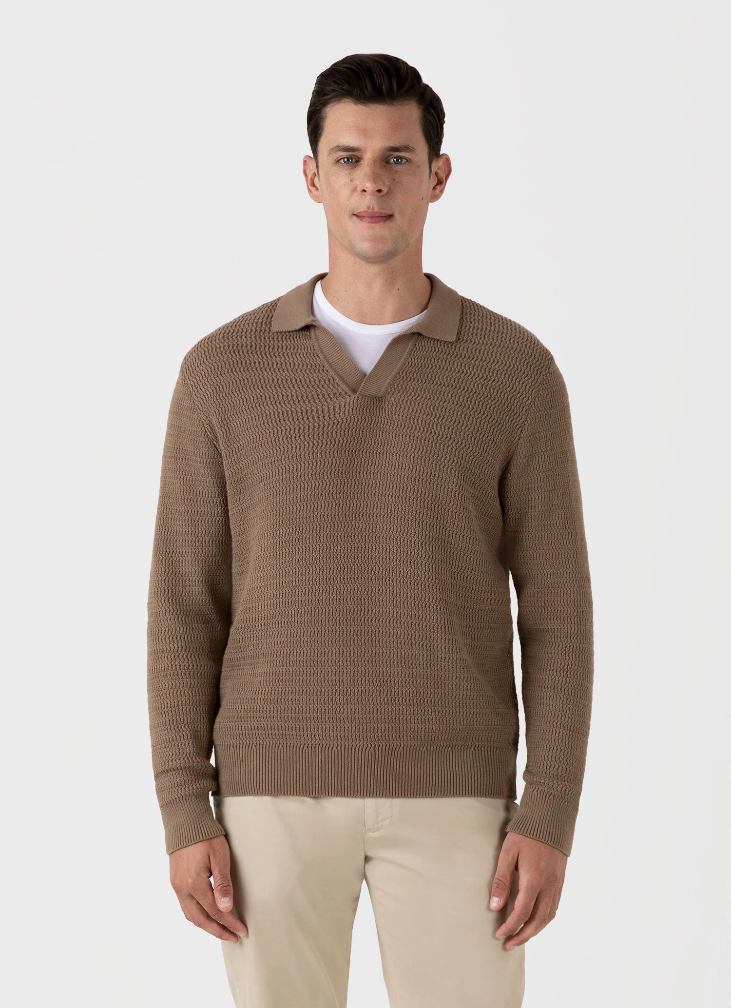 Men's Long Sleeve Textured Cotton Polo Shirt in Dark Stone - Image 2