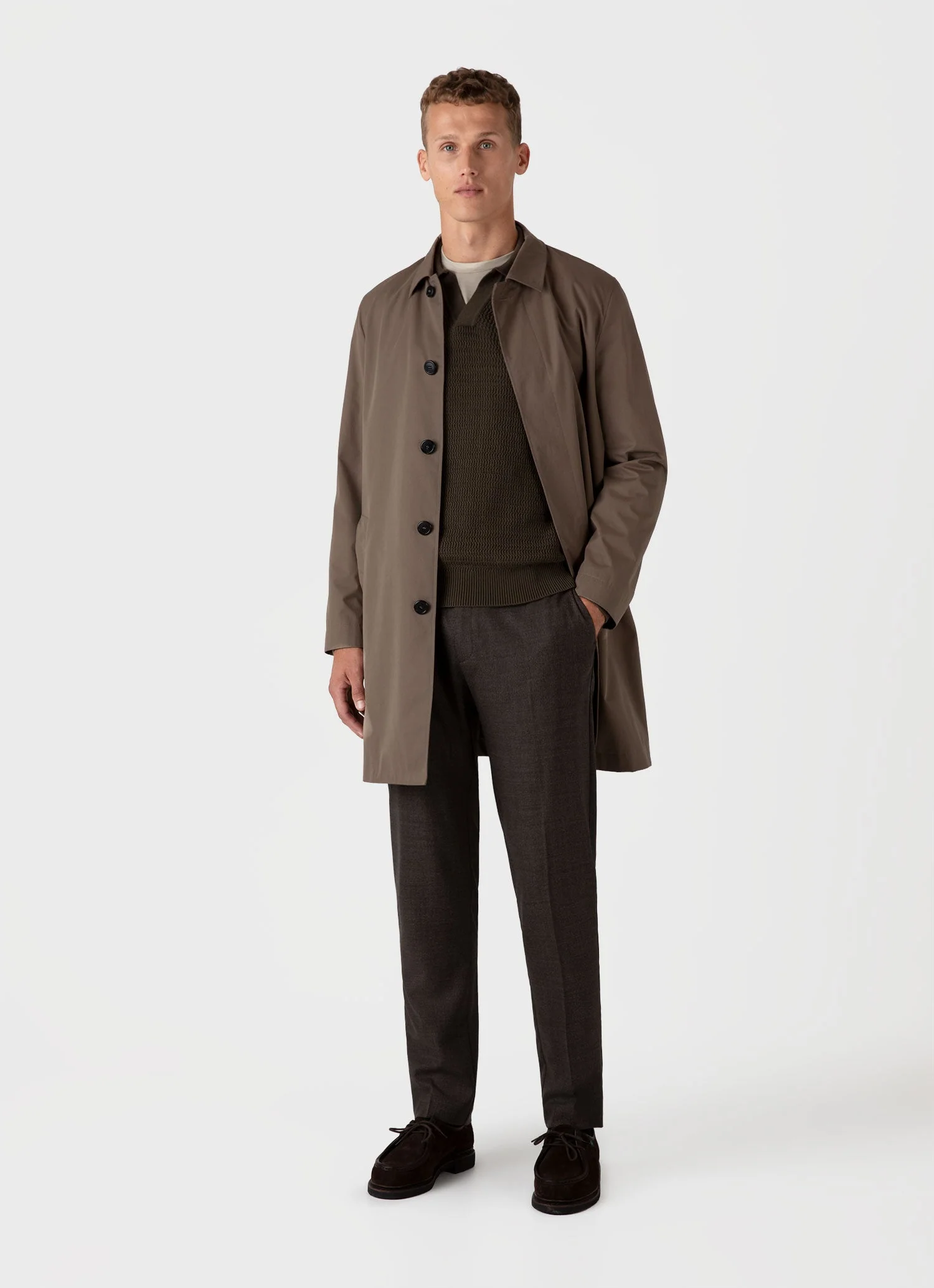 Men's Long Sleeve Textured Cotton Polo Shirt in Khaki - Image 3