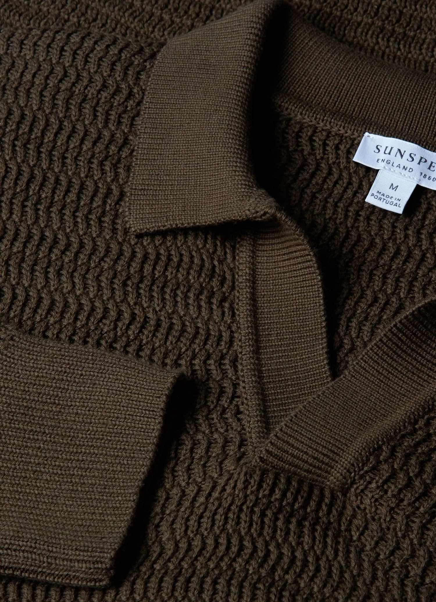 Men's Long Sleeve Textured Cotton Polo Shirt in Khaki - Image 4