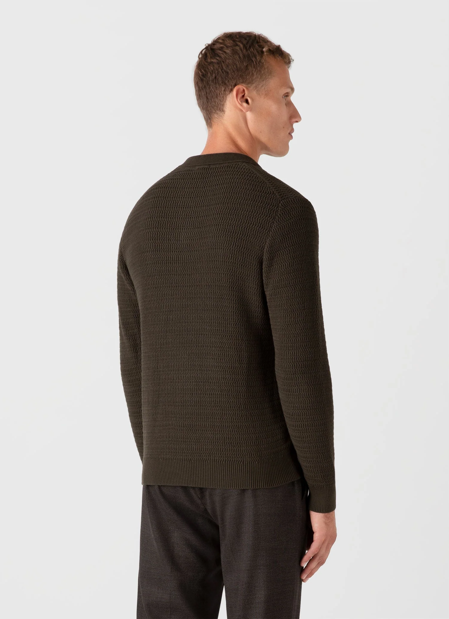 Men's Long Sleeve Textured Cotton Polo Shirt in Khaki - Image 5