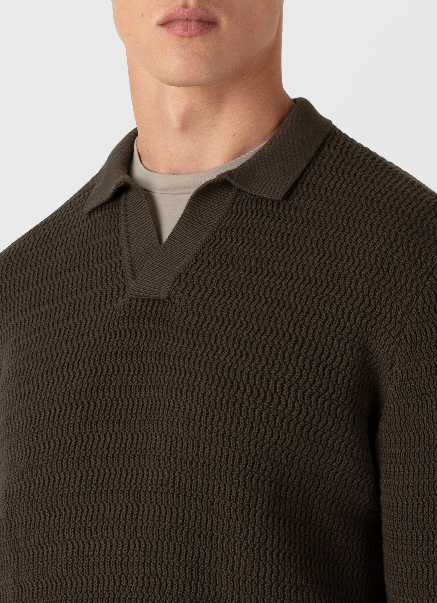 Men's Long Sleeve Textured Cotton Polo Shirt in Khaki - Image 6
