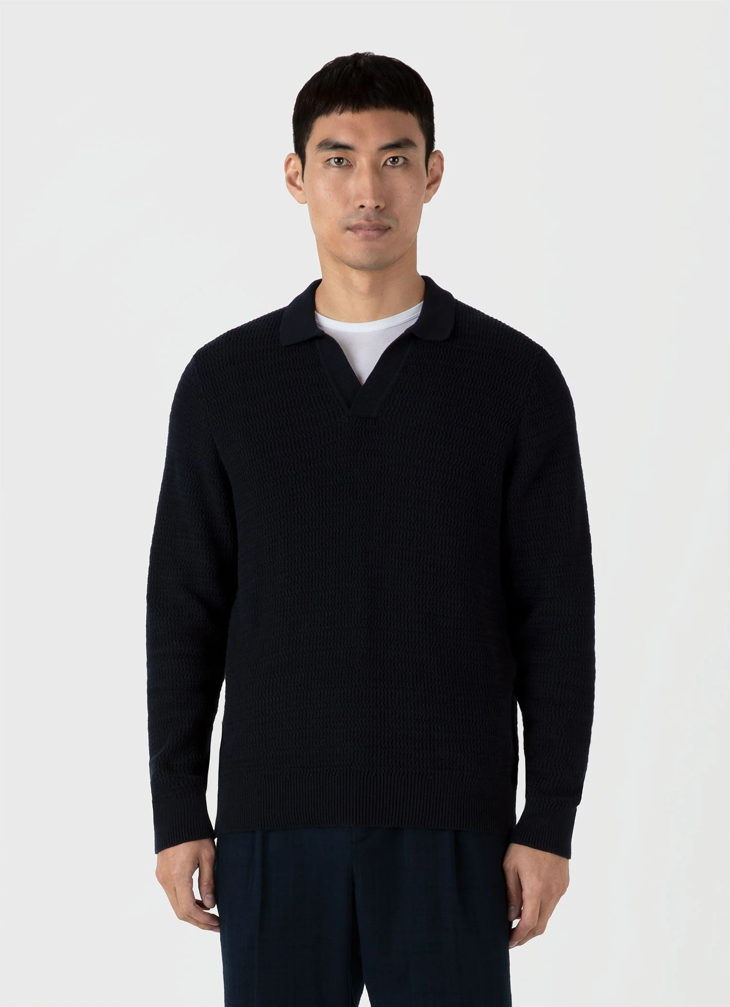 Men's Long Sleeve Textured Cotton Polo Shirt in Navy - Image 2