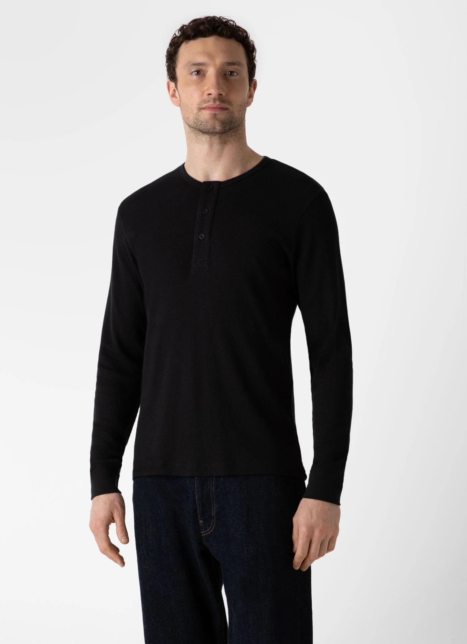 Men's Long Sleeve Waffle Henley in Black - Image 2