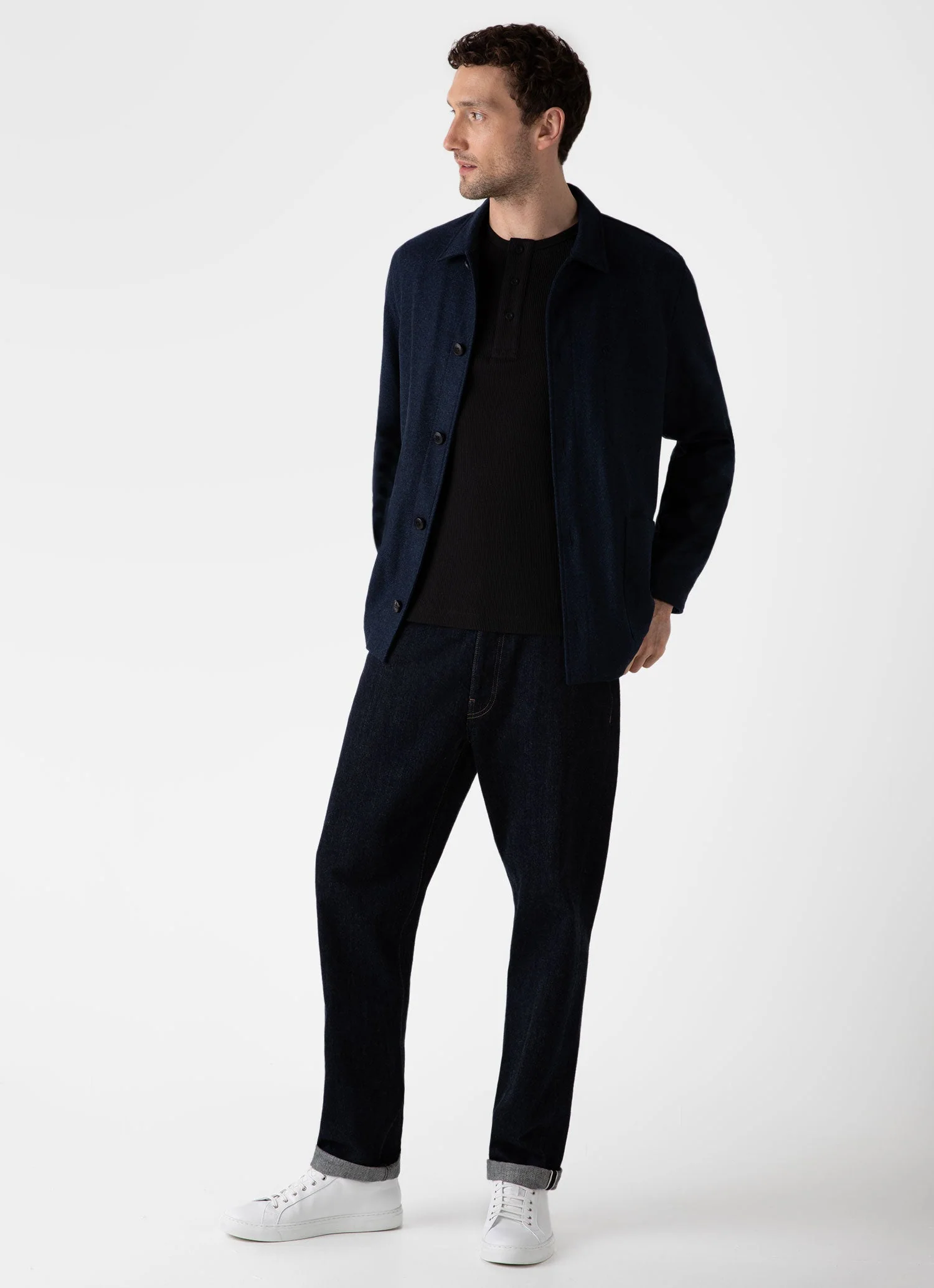 Men's Long Sleeve Waffle Henley in Black - Image 3
