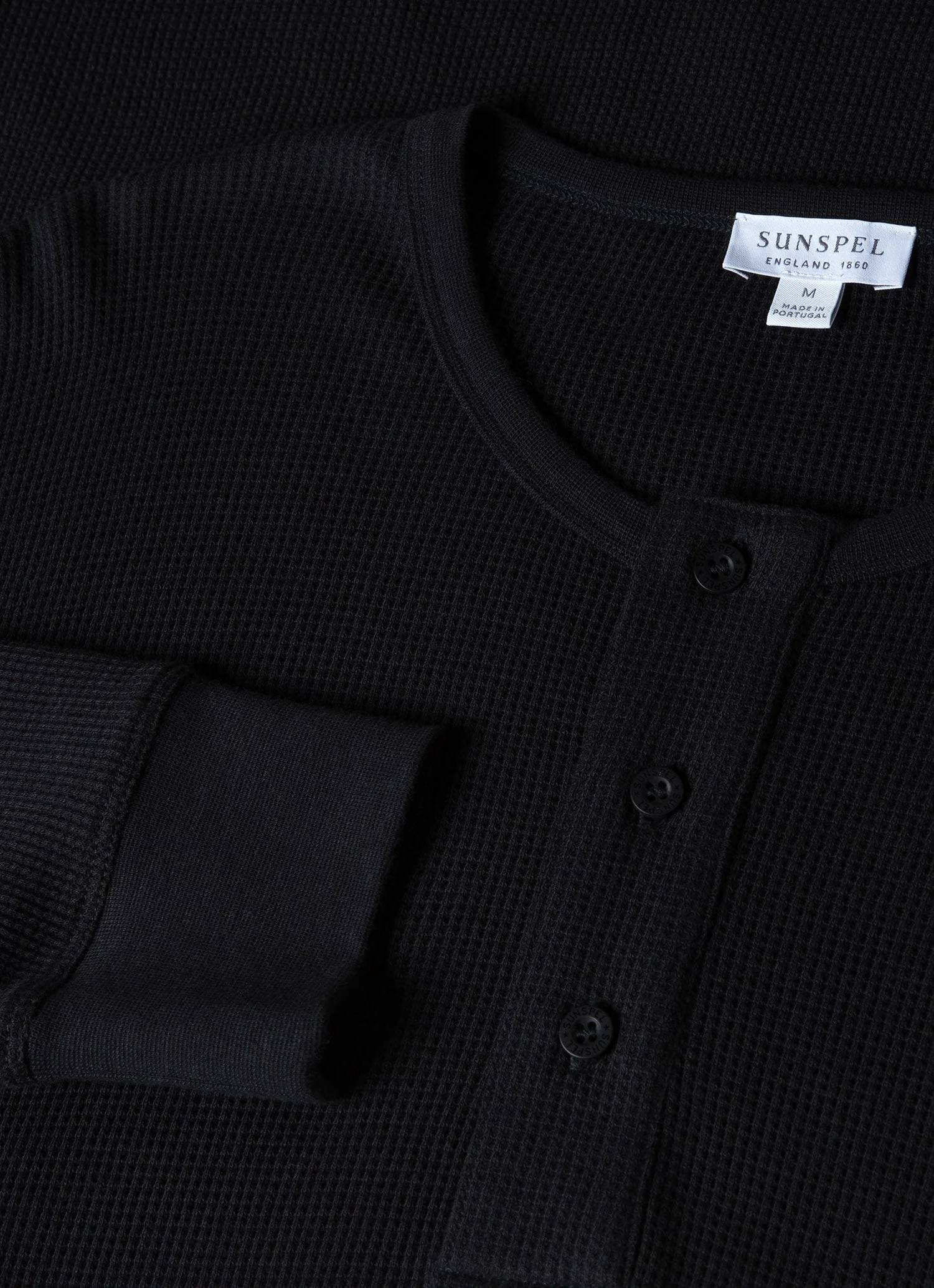 Men's Long Sleeve Waffle Henley in Black - Image 4