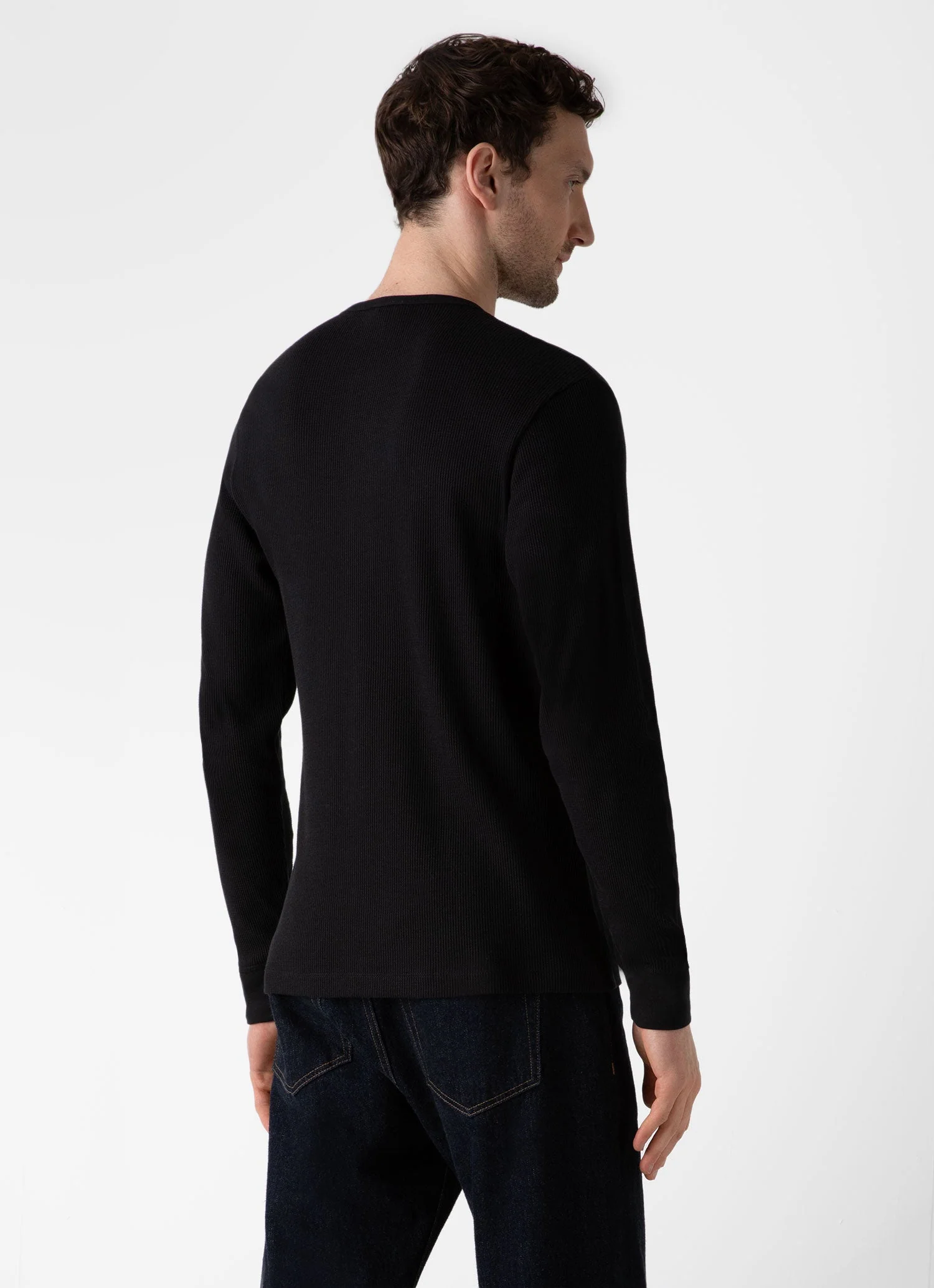 Men's Long Sleeve Waffle Henley in Black - Image 5