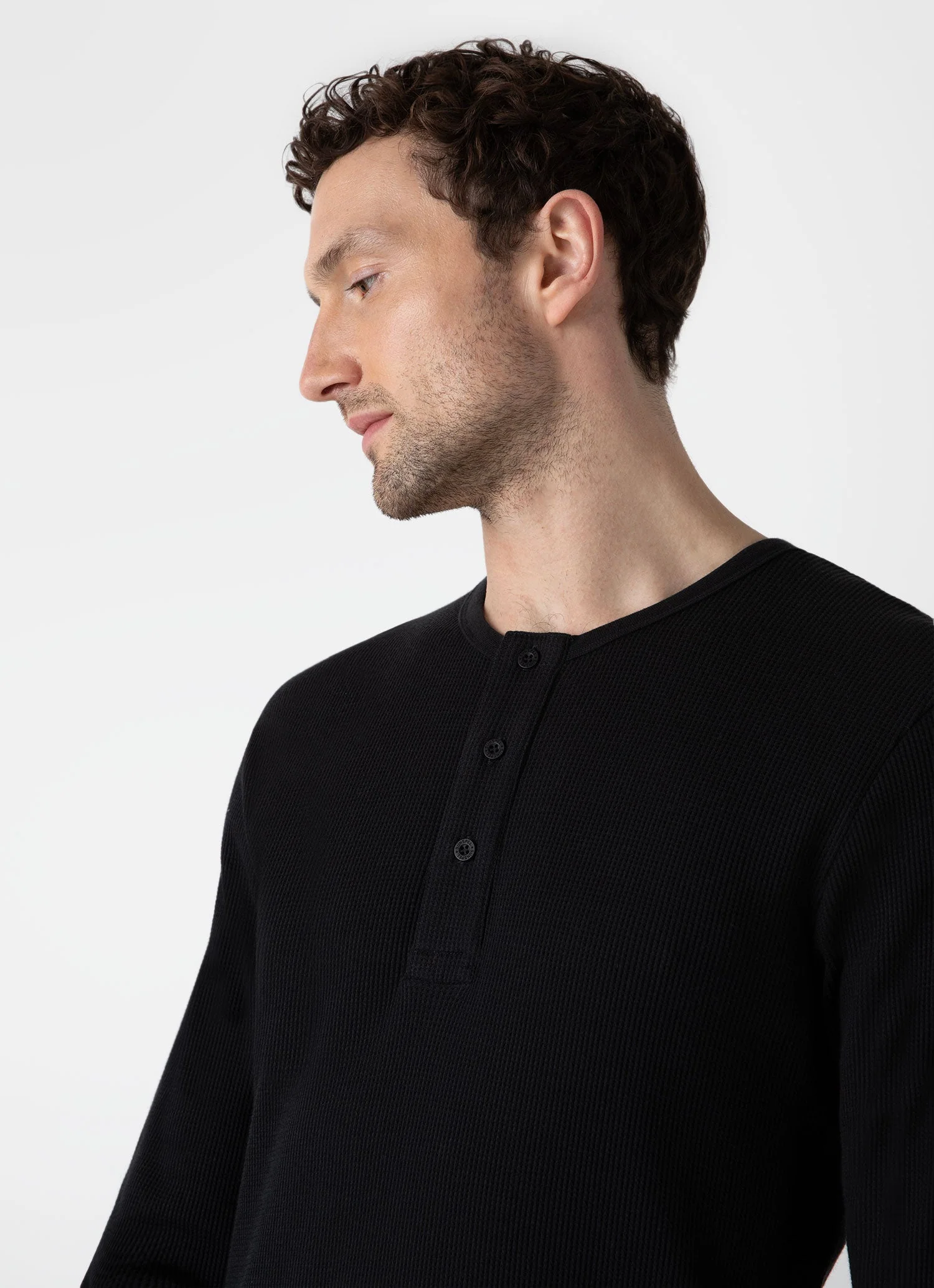 Men's Long Sleeve Waffle Henley in Black - Image 6