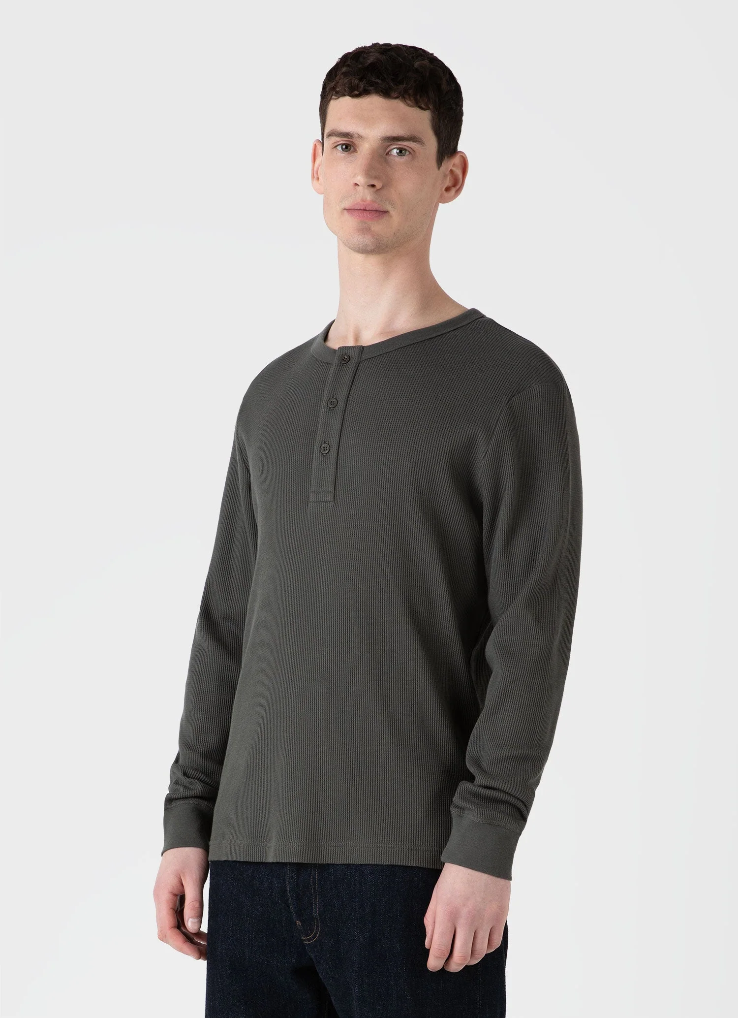 Men's Long Sleeve Waffle Henley in Drill Green - Image 2