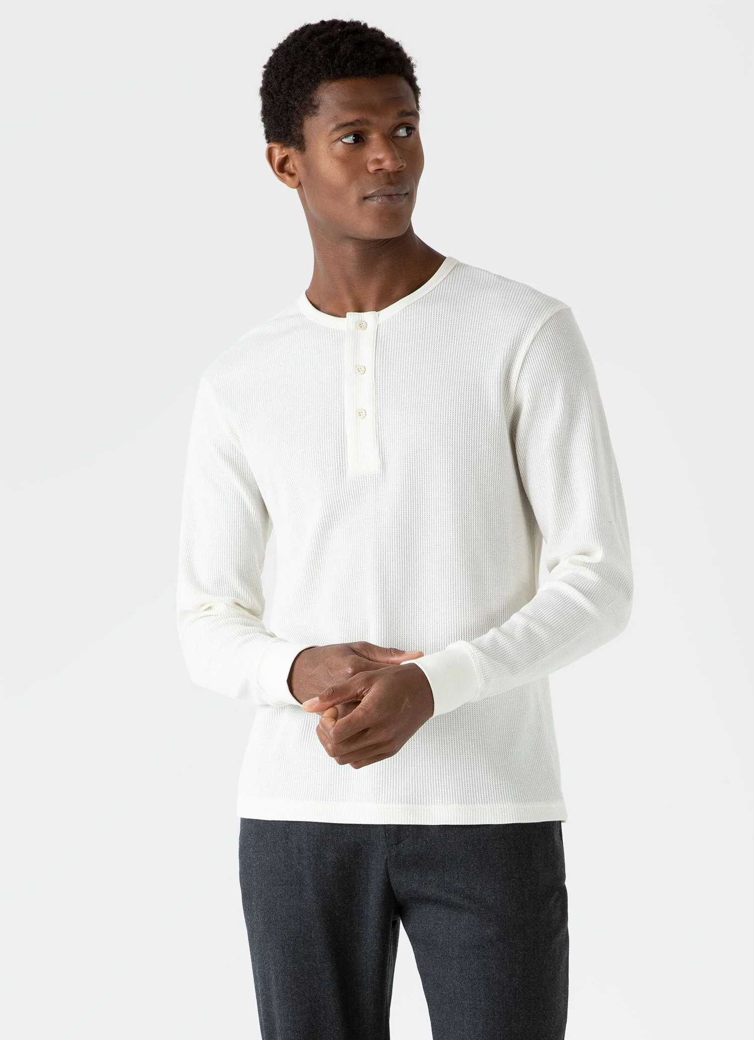 Men's Long Sleeve Waffle Henley in Ecru - Image 2