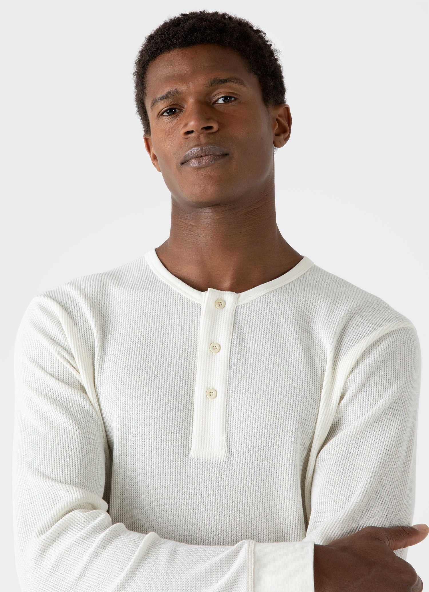 Men's Long Sleeve Waffle Henley in Ecru - Image 6