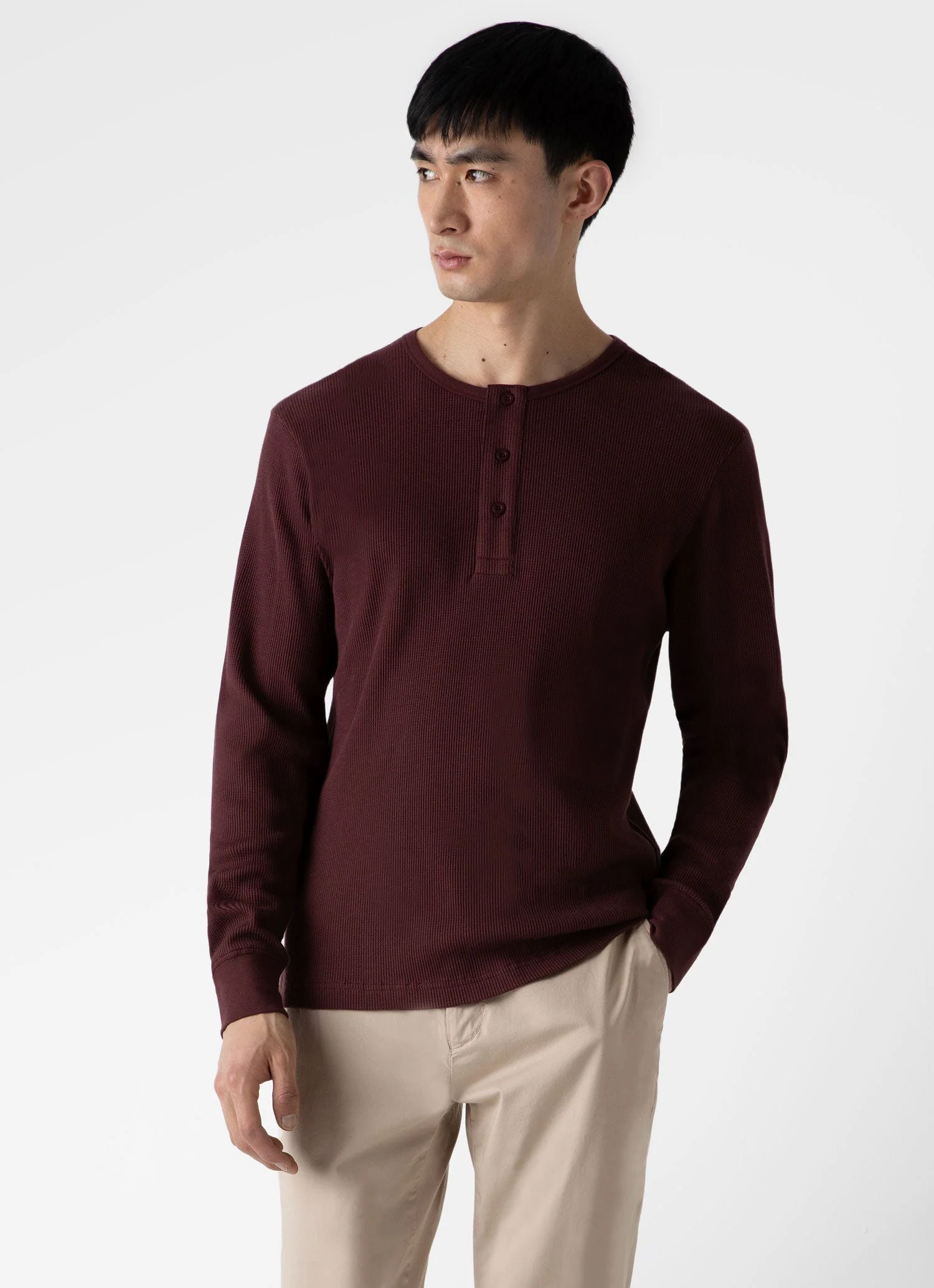 Men's Long Sleeve Waffle Henley in Maroon - Image 2