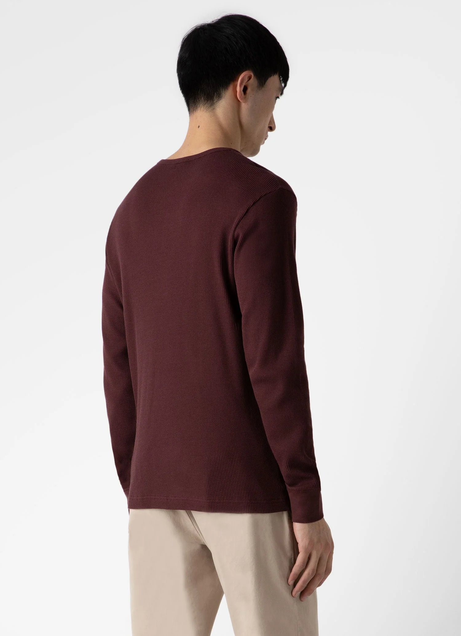 Men's Long Sleeve Waffle Henley in Maroon - Image 5