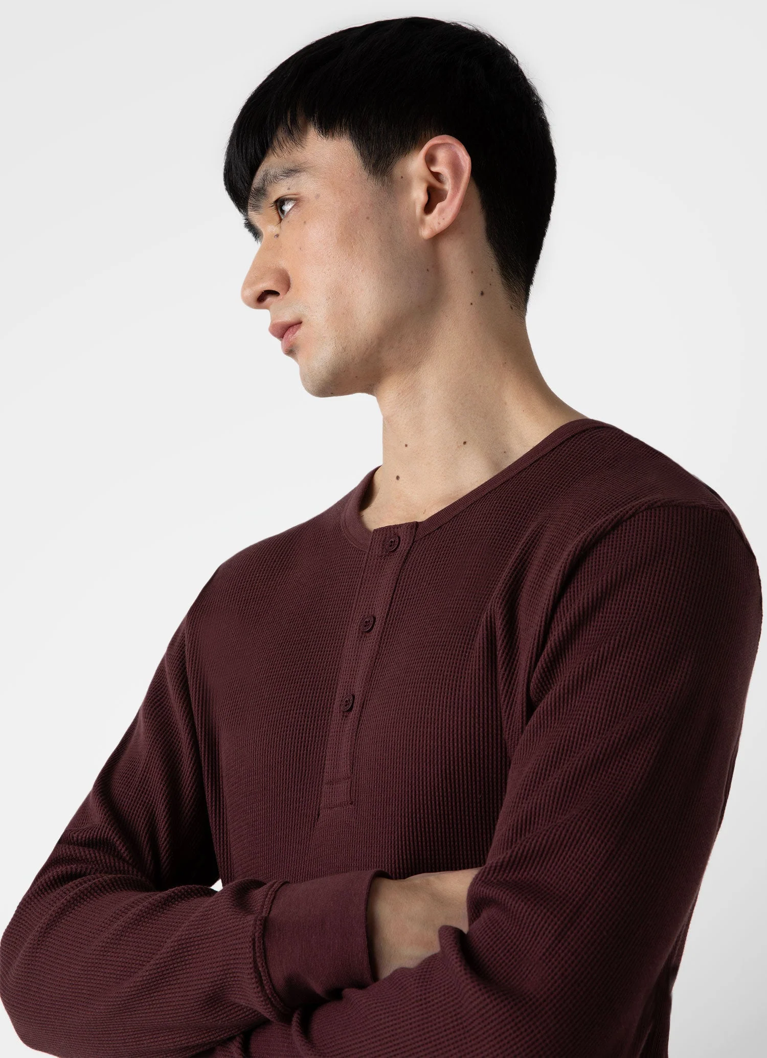 Men's Long Sleeve Waffle Henley in Maroon - Image 6