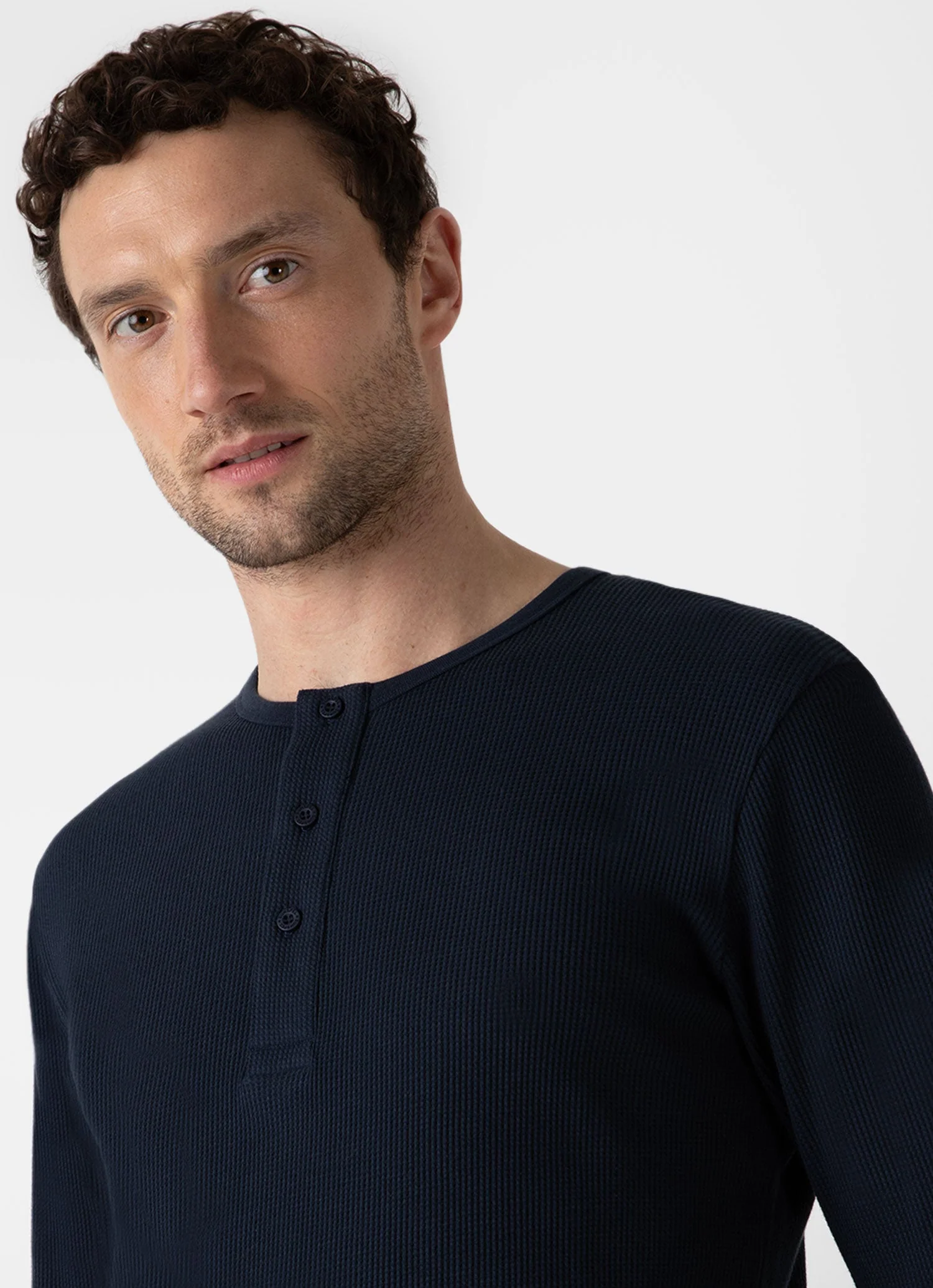 Men's Long Sleeve Waffle Henley in Navy - Image 6