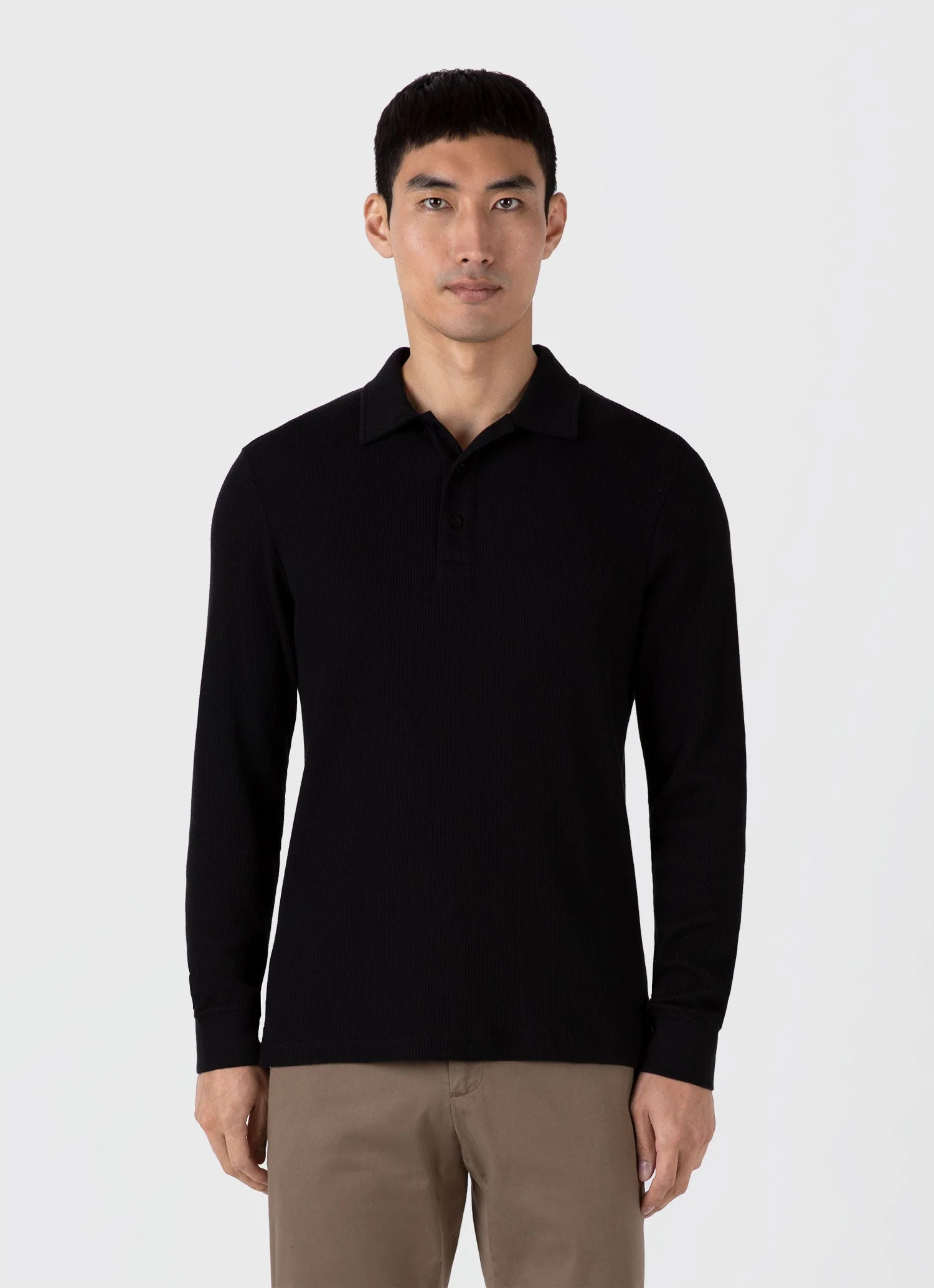 Men's Long Sleeve Waffle Polo Shirt in Black - Image 2