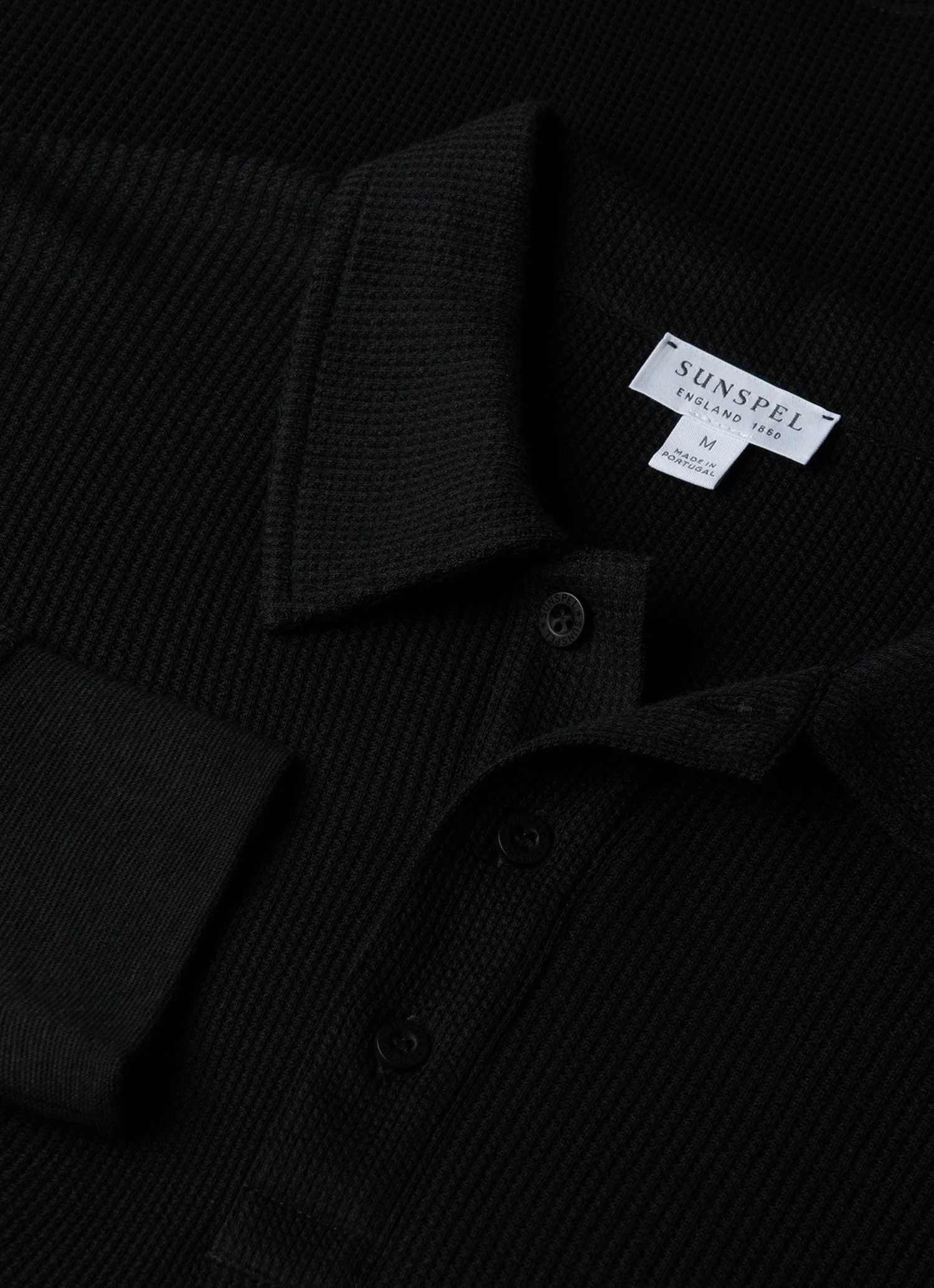 Men's Long Sleeve Waffle Polo Shirt in Black - Image 4