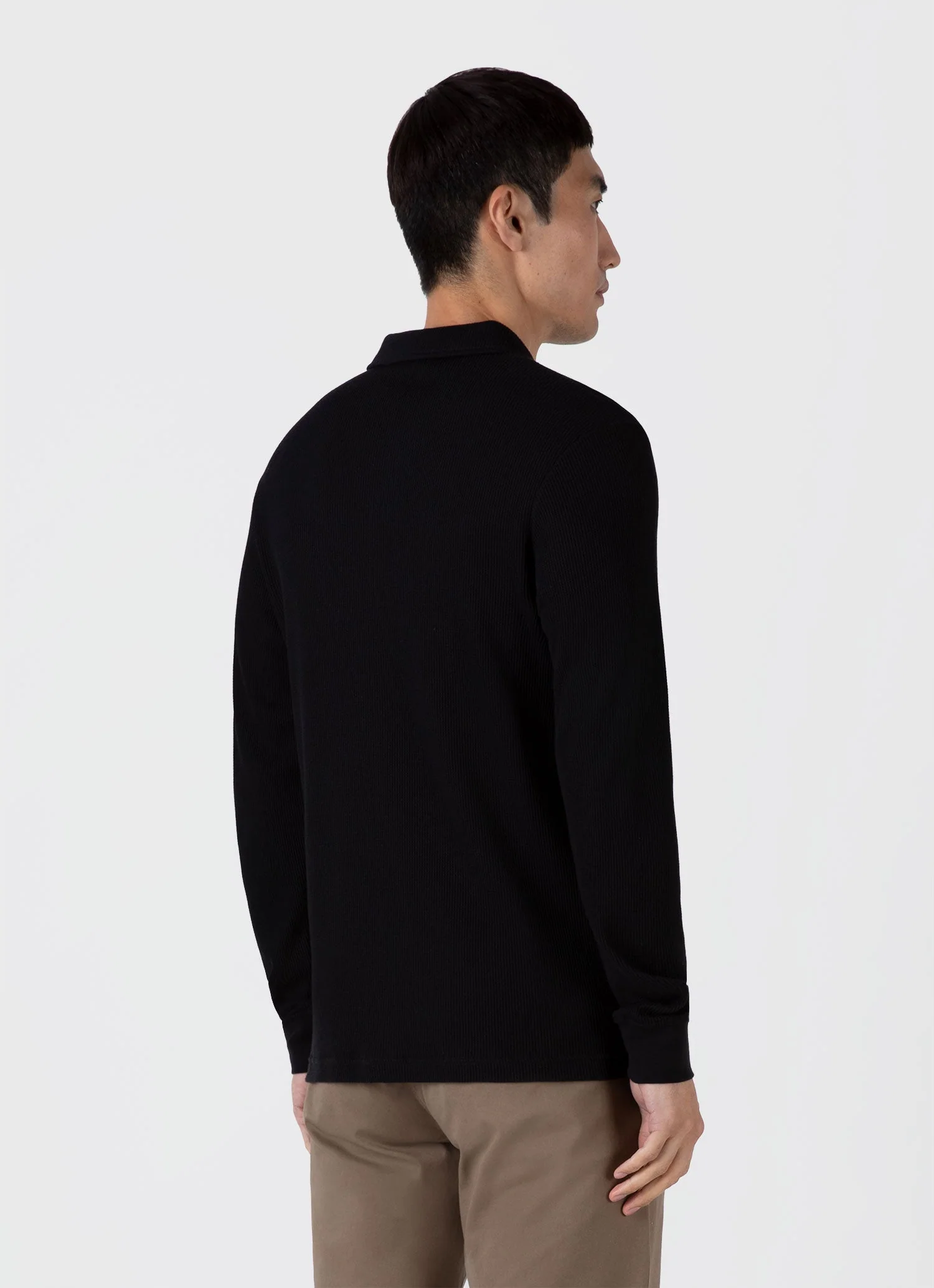 Men's Long Sleeve Waffle Polo Shirt in Black - Image 5