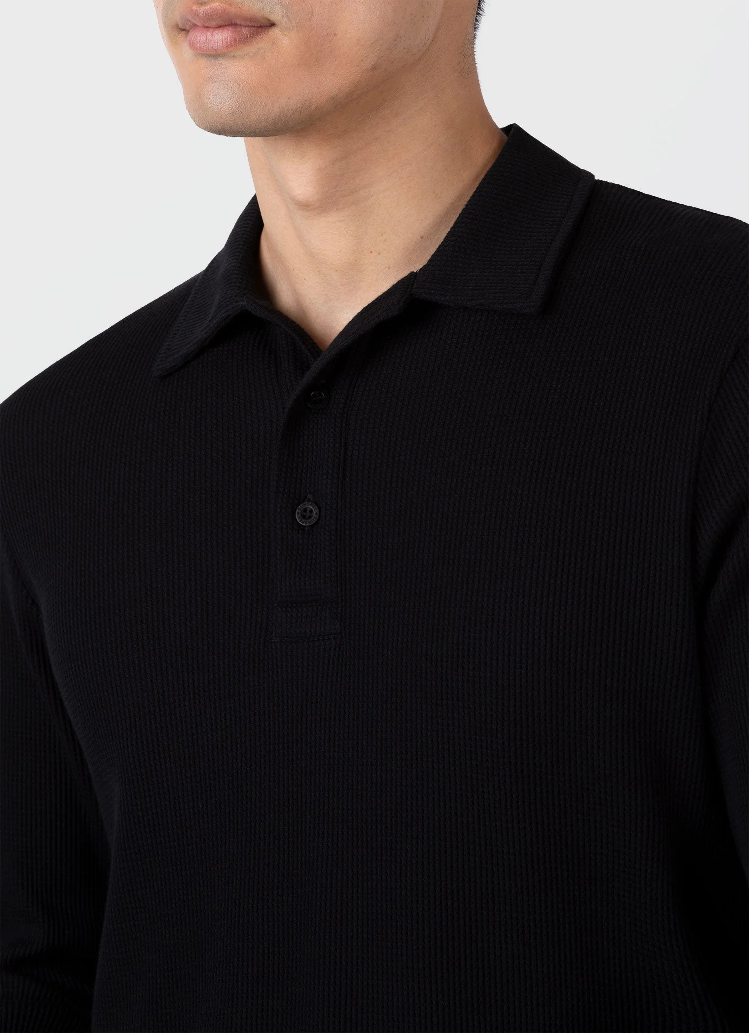 Men's Long Sleeve Waffle Polo Shirt in Black - Image 6