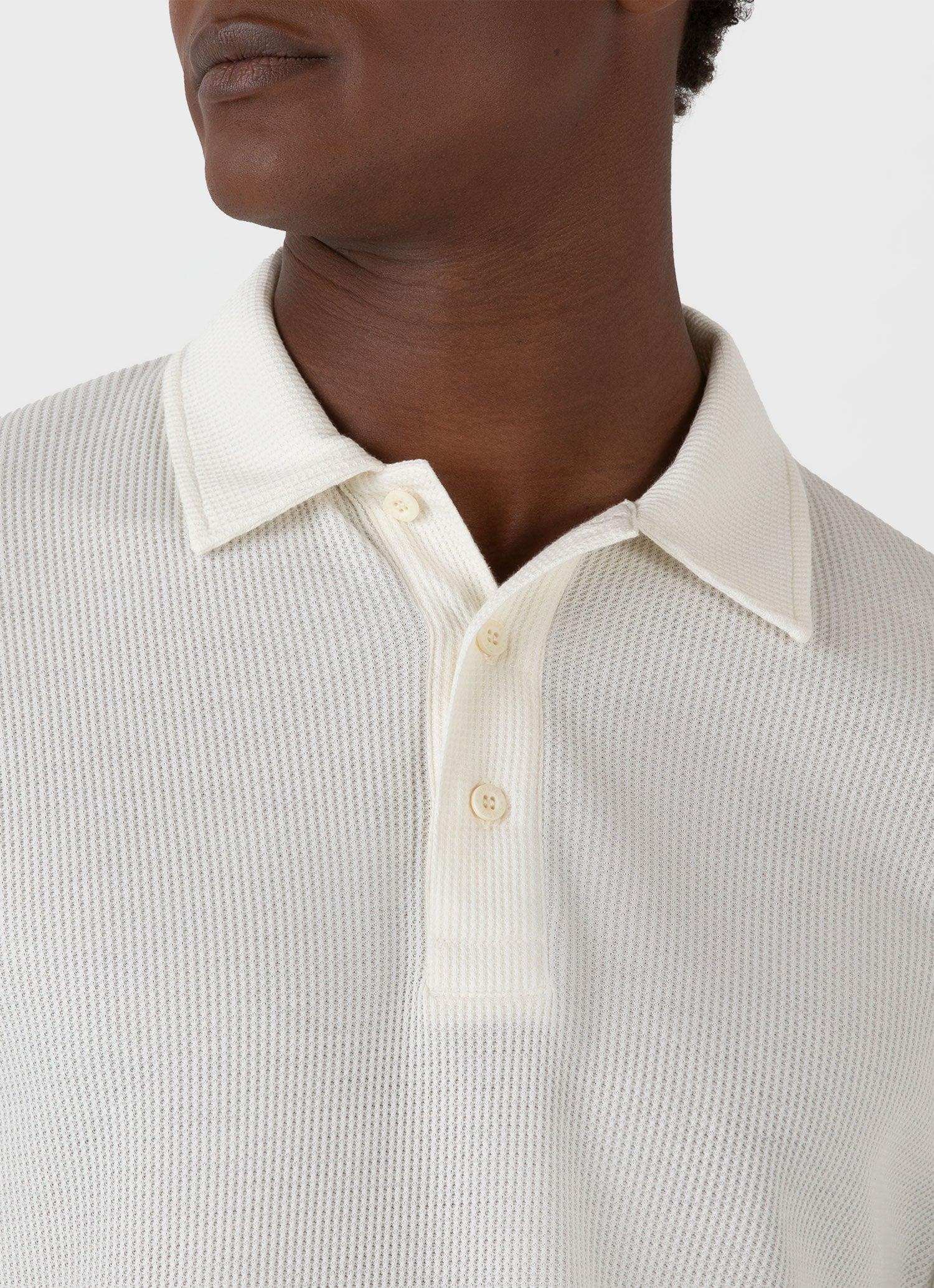 Men's Long Sleeve Waffle Polo Shirt in Ecru - Image 6