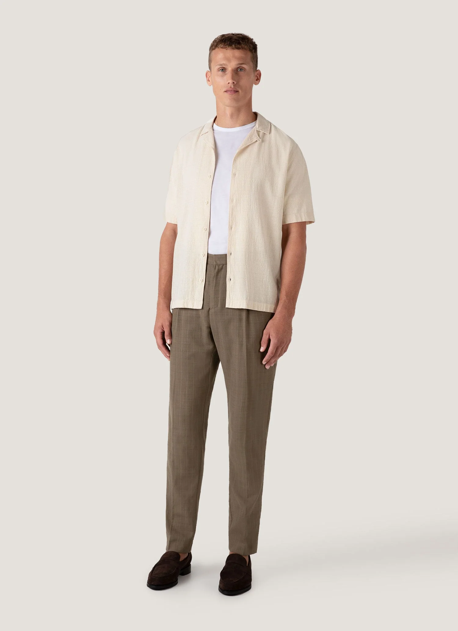 Men's Loose Weave Check Camp Collar Shirt in Ecru - Image 3