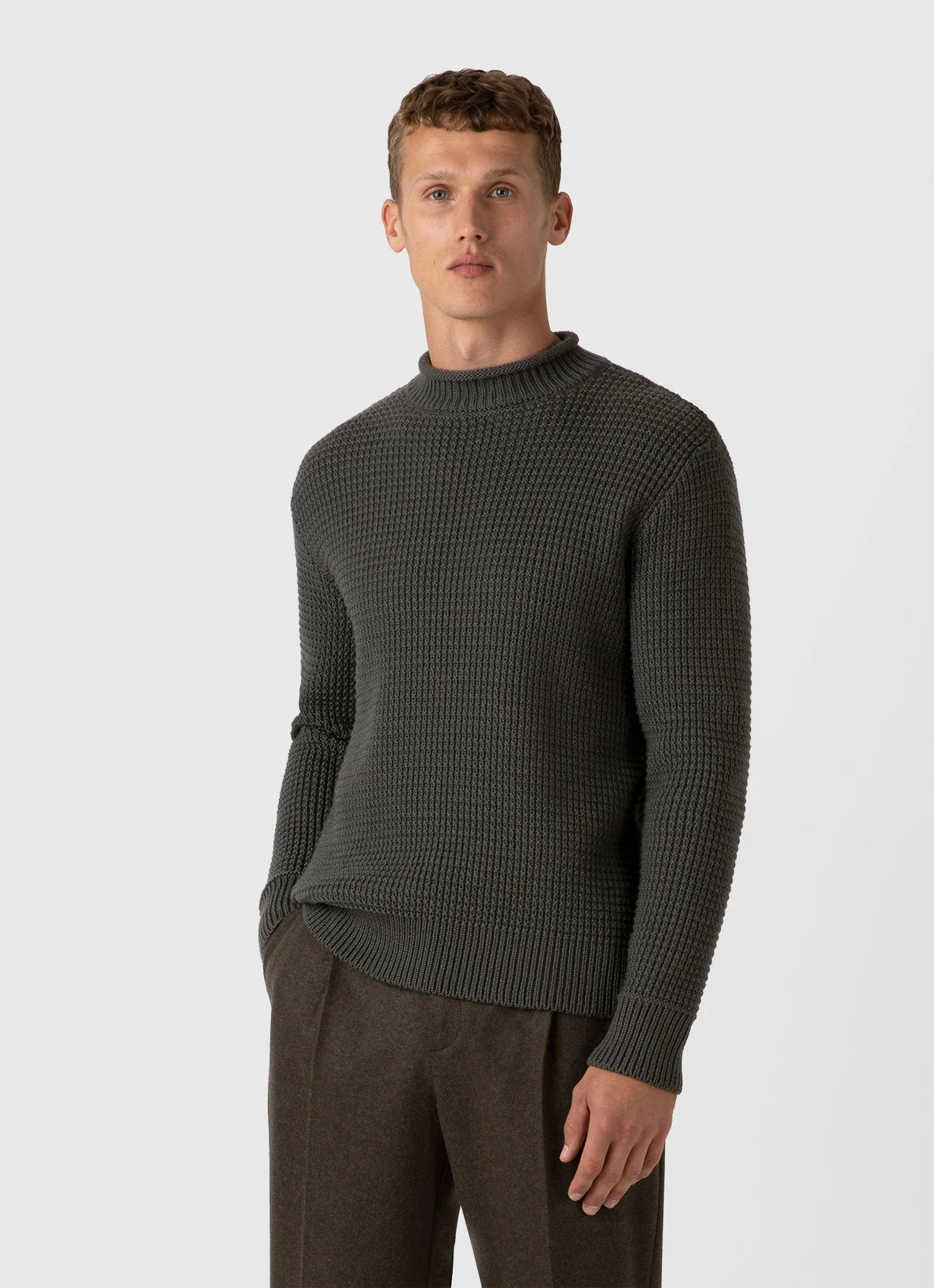 Men's Merino Fisherman Jumper in Khaki - Image 2