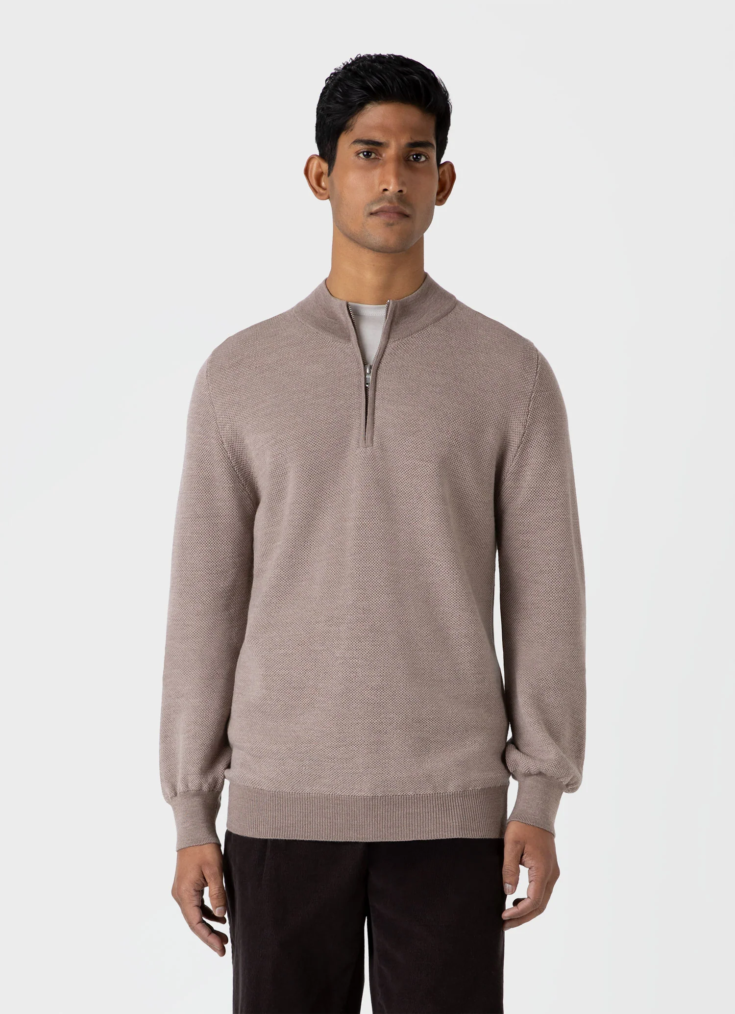 Men's Merino Honeycomb Zip Neck Jumper in Light Sandstone - Image 2