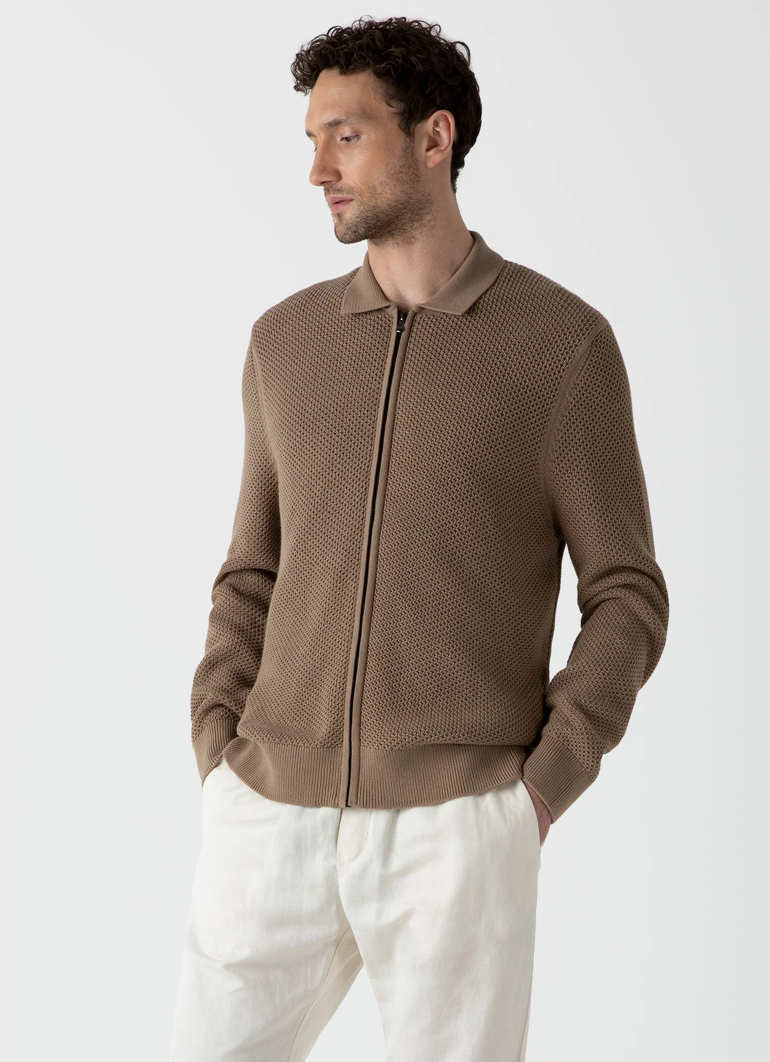 Men's Mr Porter Mesh Knit Jacket in Oat - Image 2