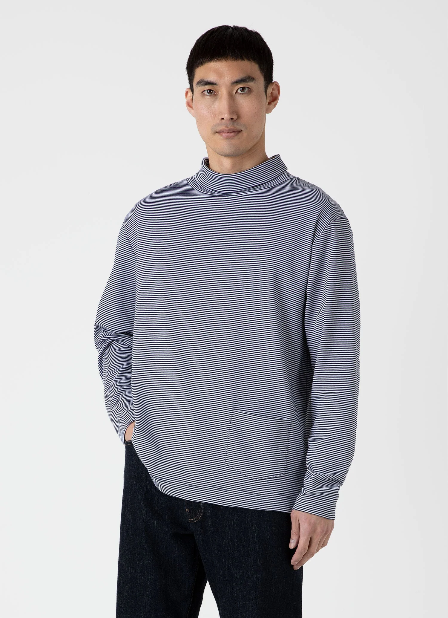 Men's Sunspel x Nigel Cabourn Carbon Brushed Roll Neck in Navy/White - Image 2
