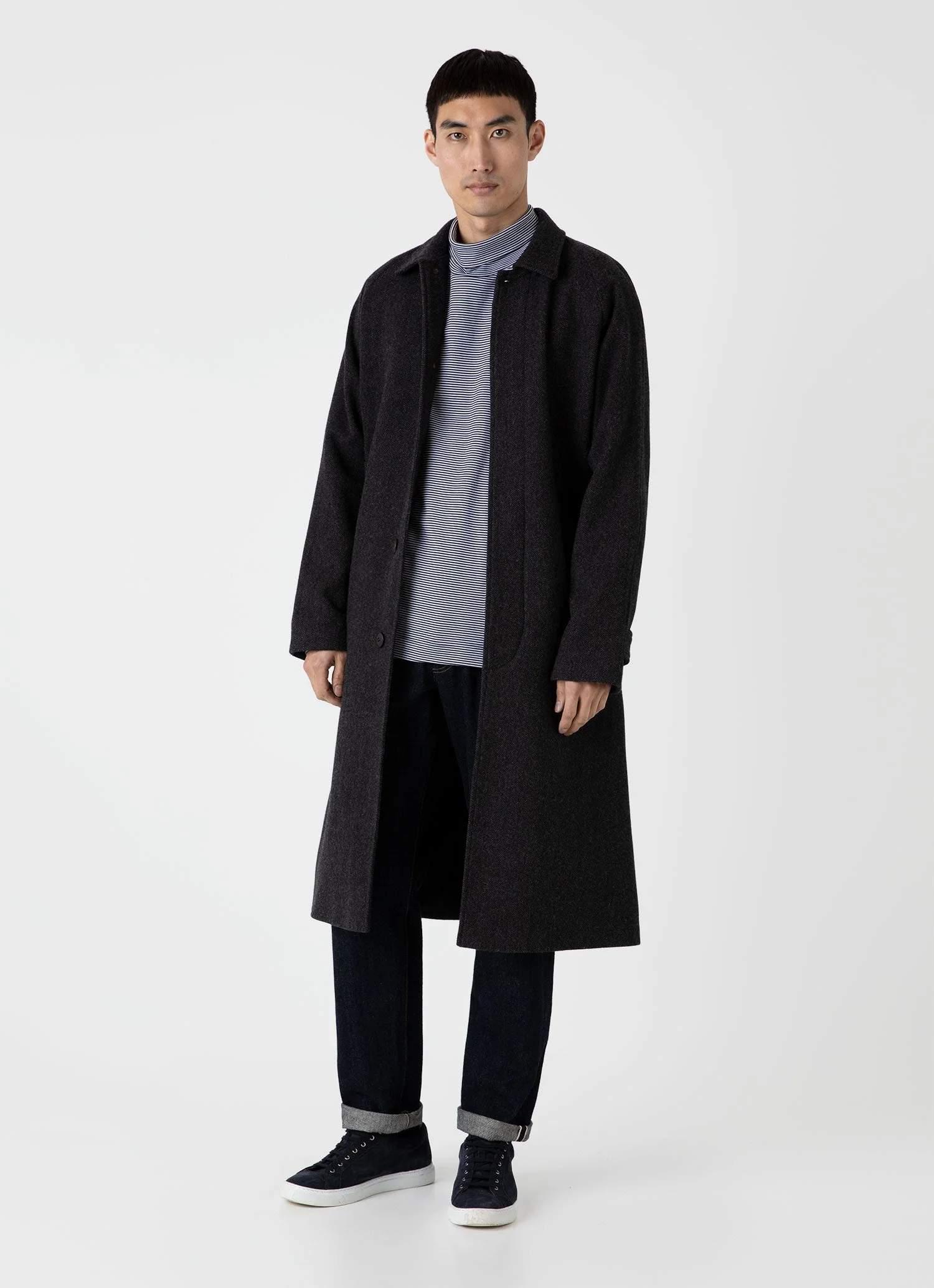 Men's Sunspel x Nigel Cabourn Carbon Brushed Roll Neck in Navy/White - Image 3
