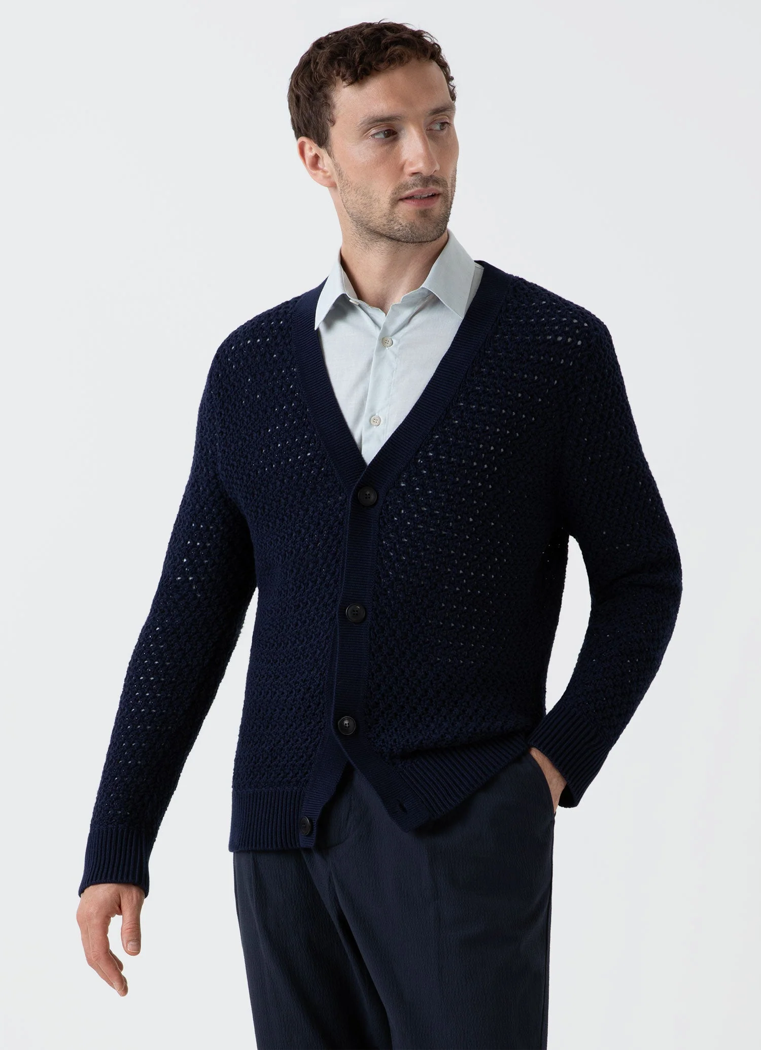 Men's Open Stitch Cardigan in Navy - Image 2