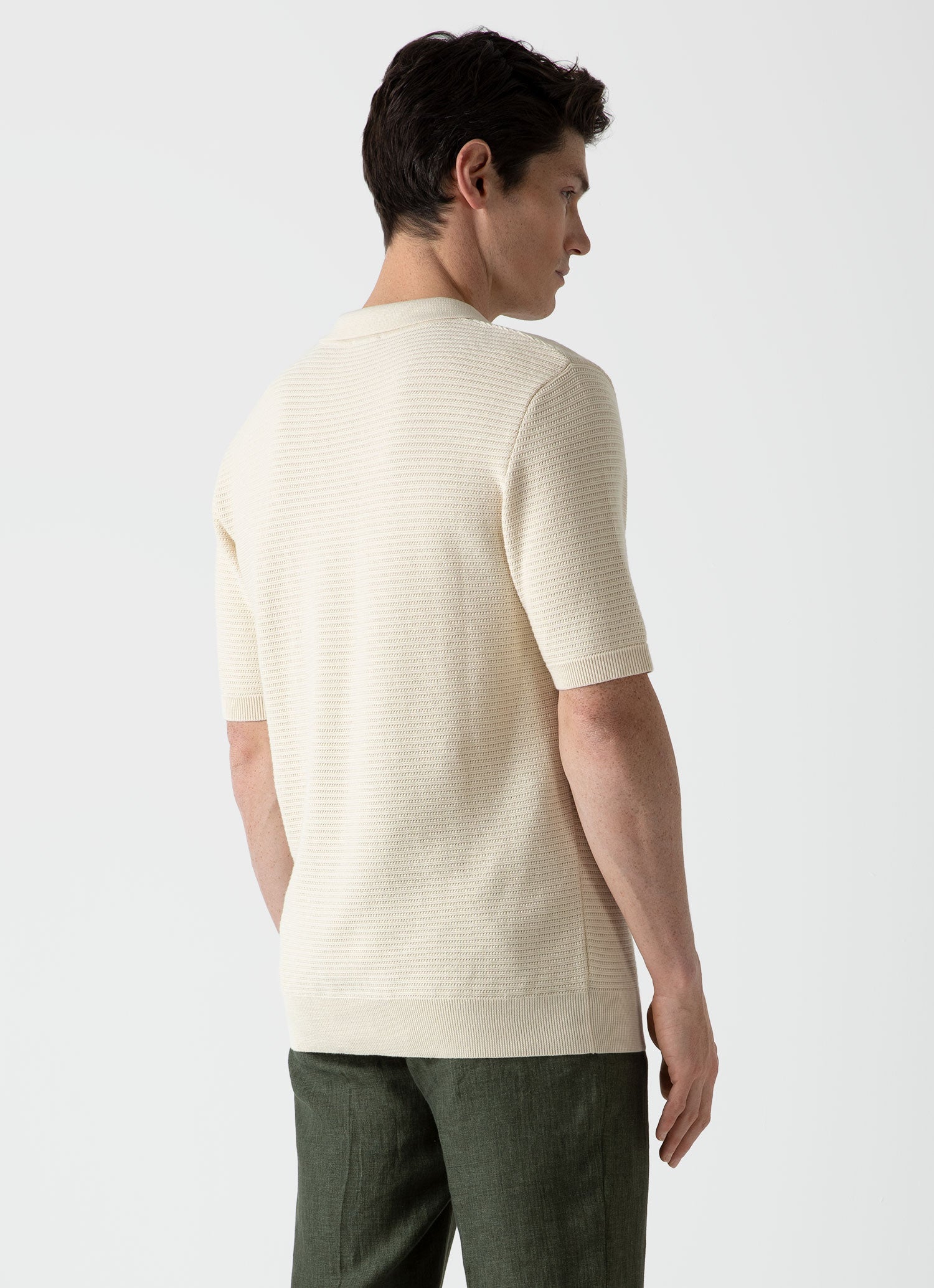 Men's Open Textured Polo Shirt in Ecru - Image 4